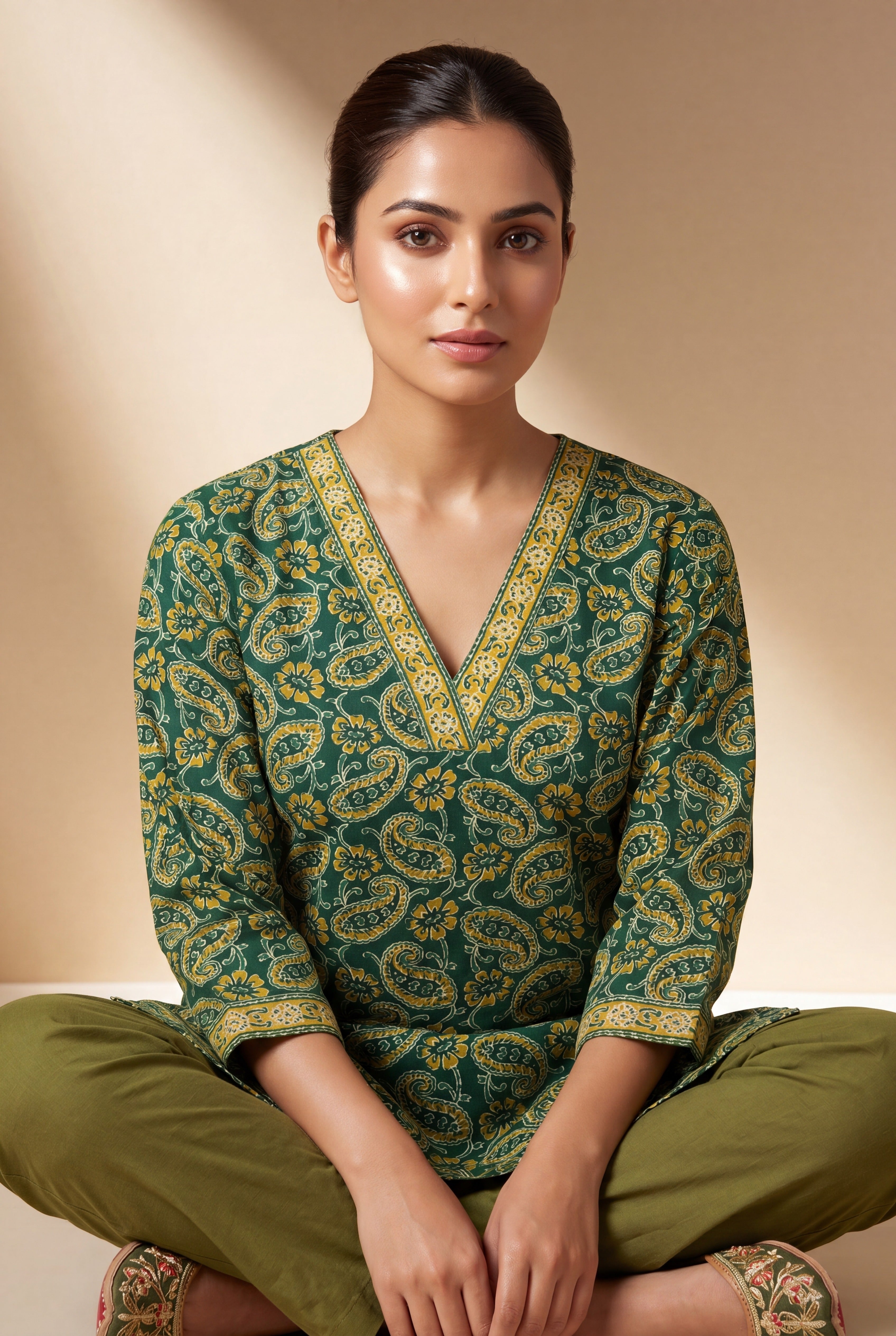 Emerald Green Amrapatra Cotton Kurti with Paisley and Floral block print