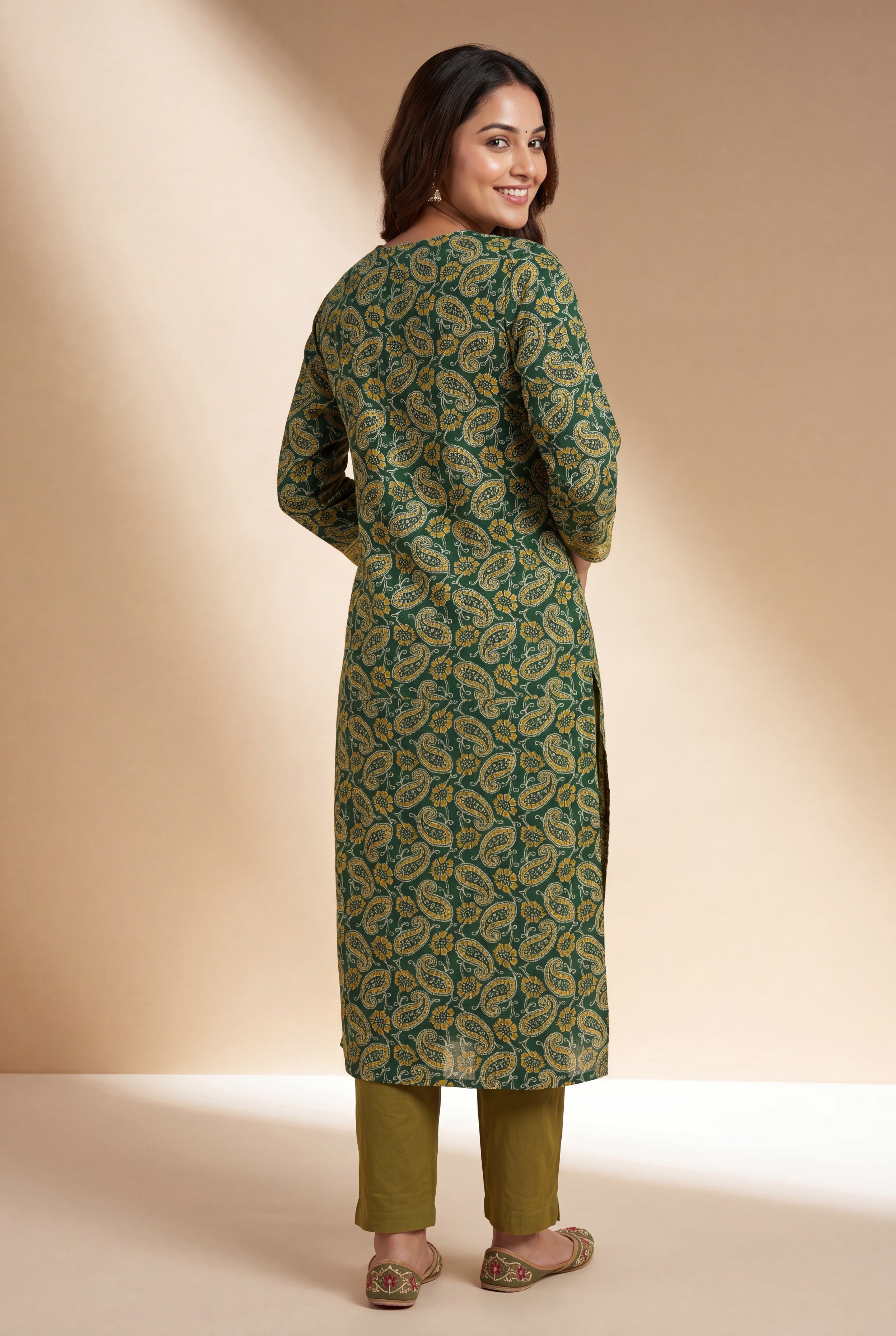 Emerald Green Amrapatra Cotton Kurti with Paisley and Floral block print