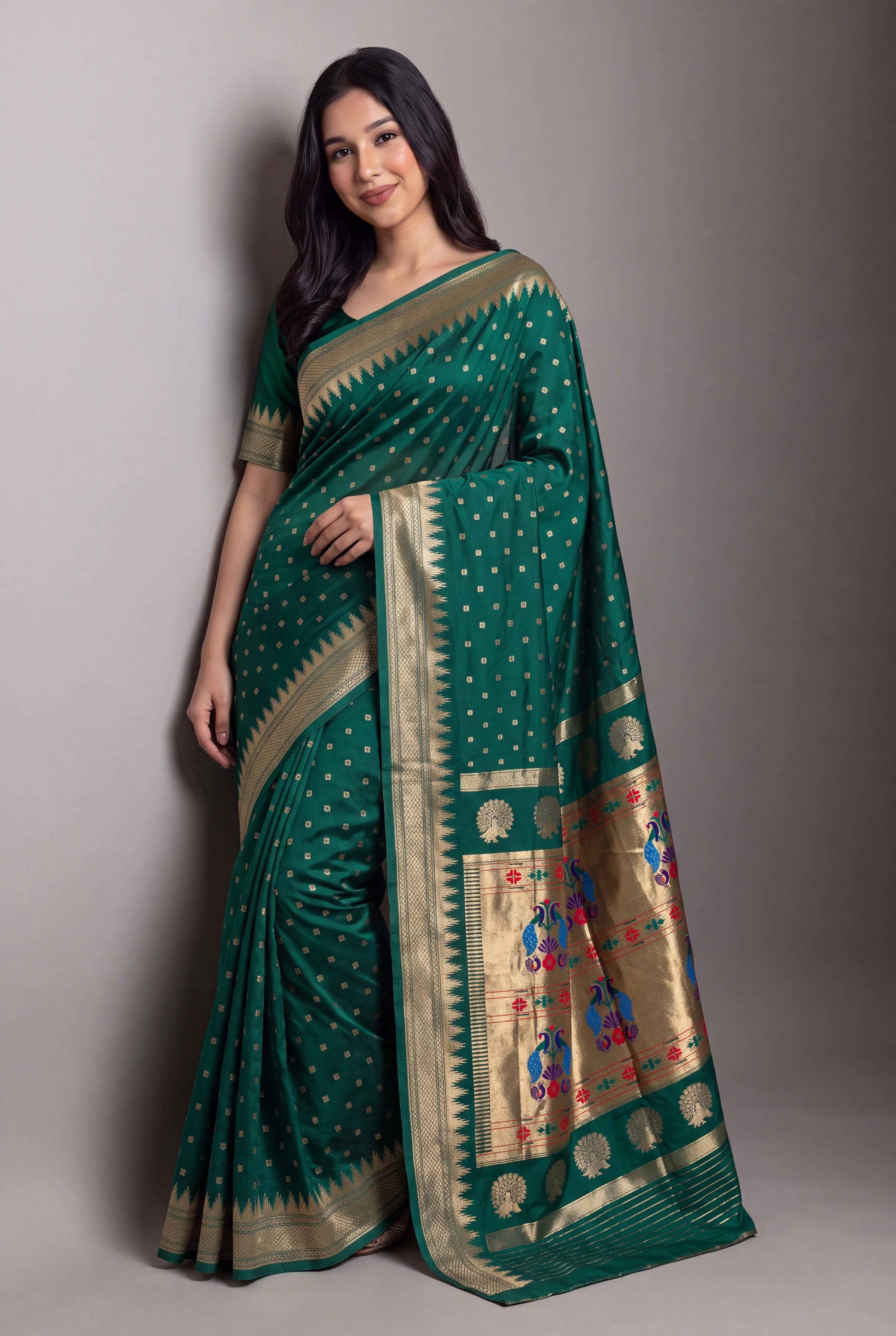Emerald Green Blue Katan Silk Paithani Saree with Irkal border