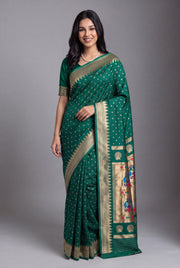 Emerald Green Blue Katan Silk Paithani Saree with Irkal border