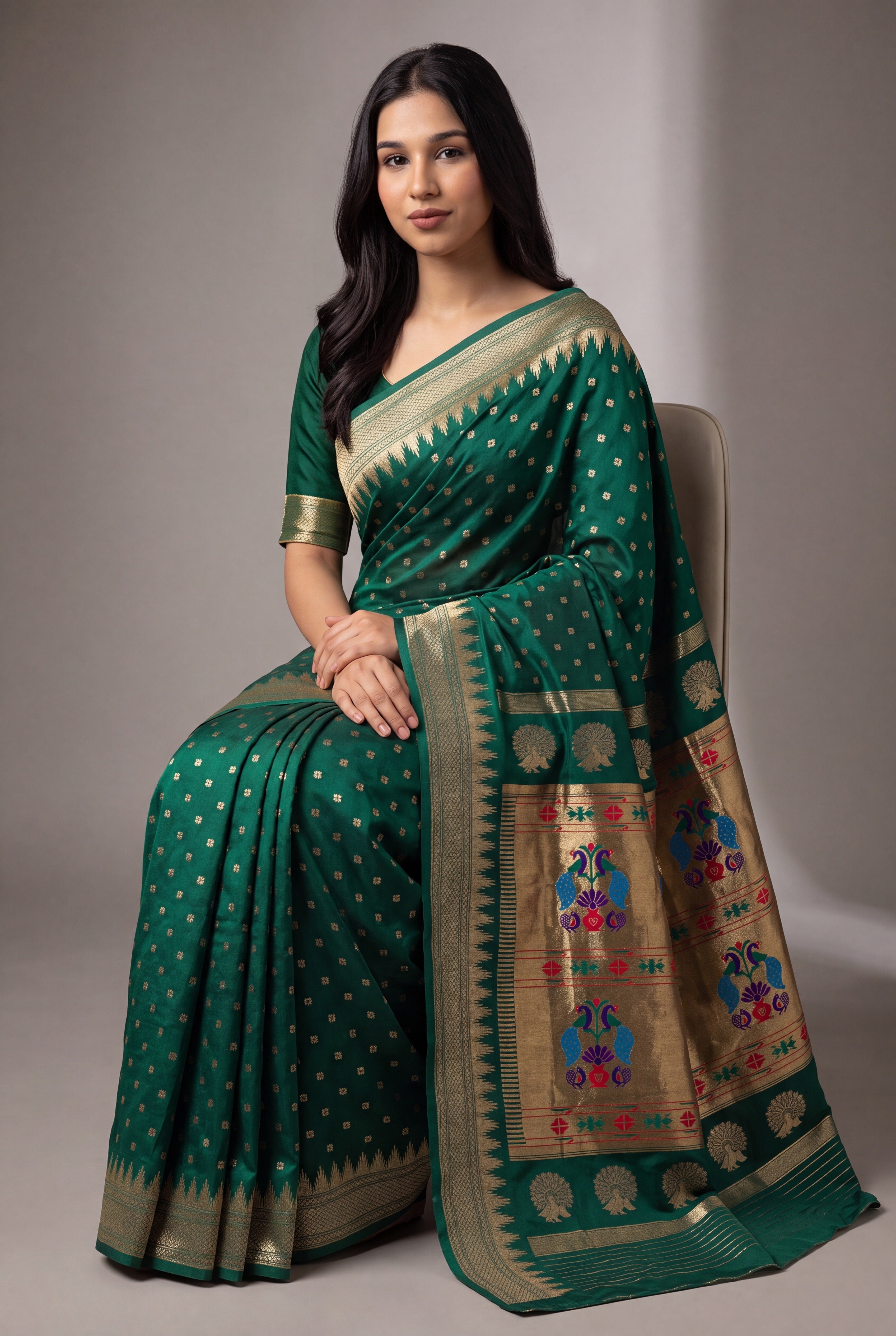 Emerald Green Blue Katan Silk Paithani Saree with Irkal border