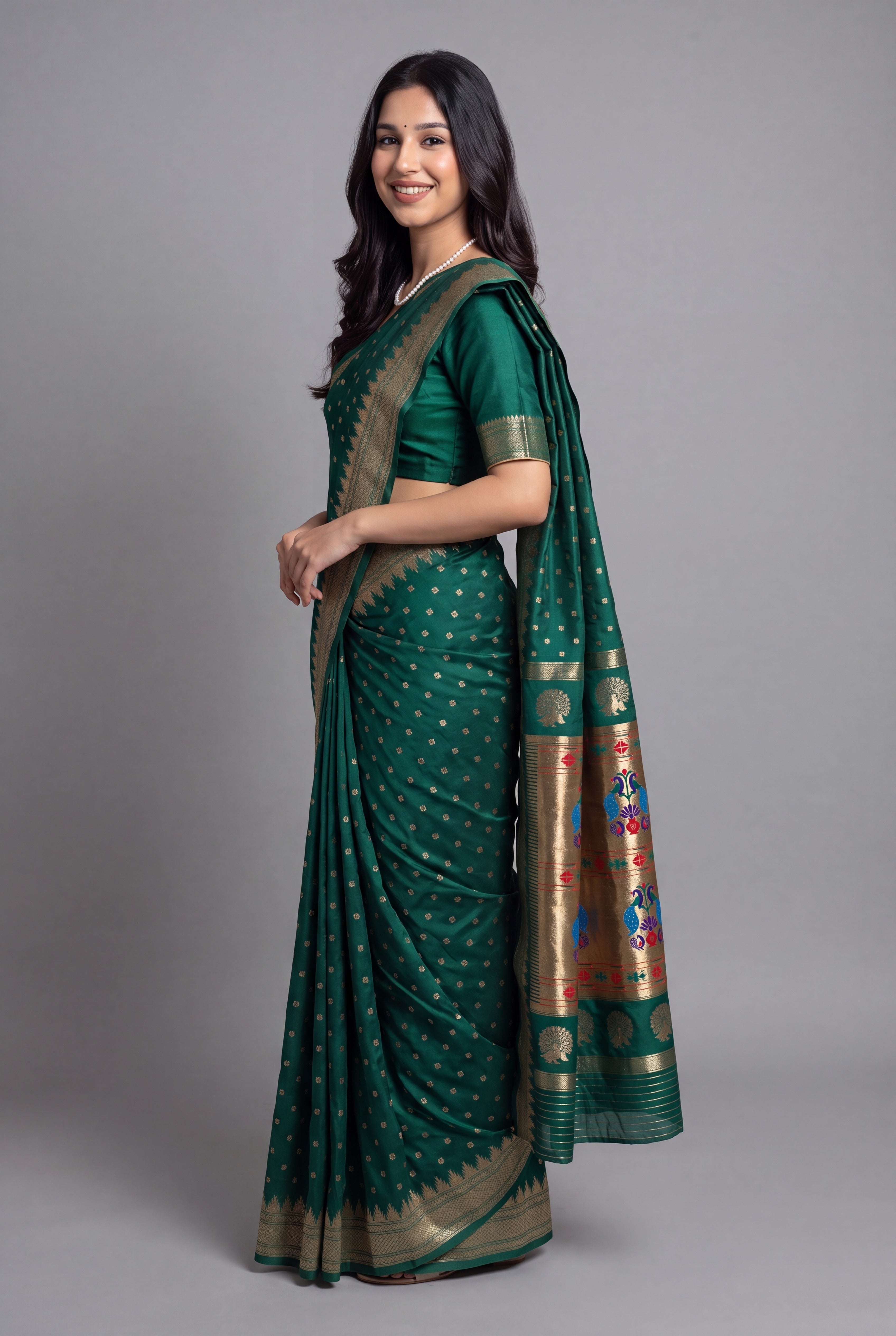 Emerald Green Blue Katan Silk Paithani Saree with Irkal border