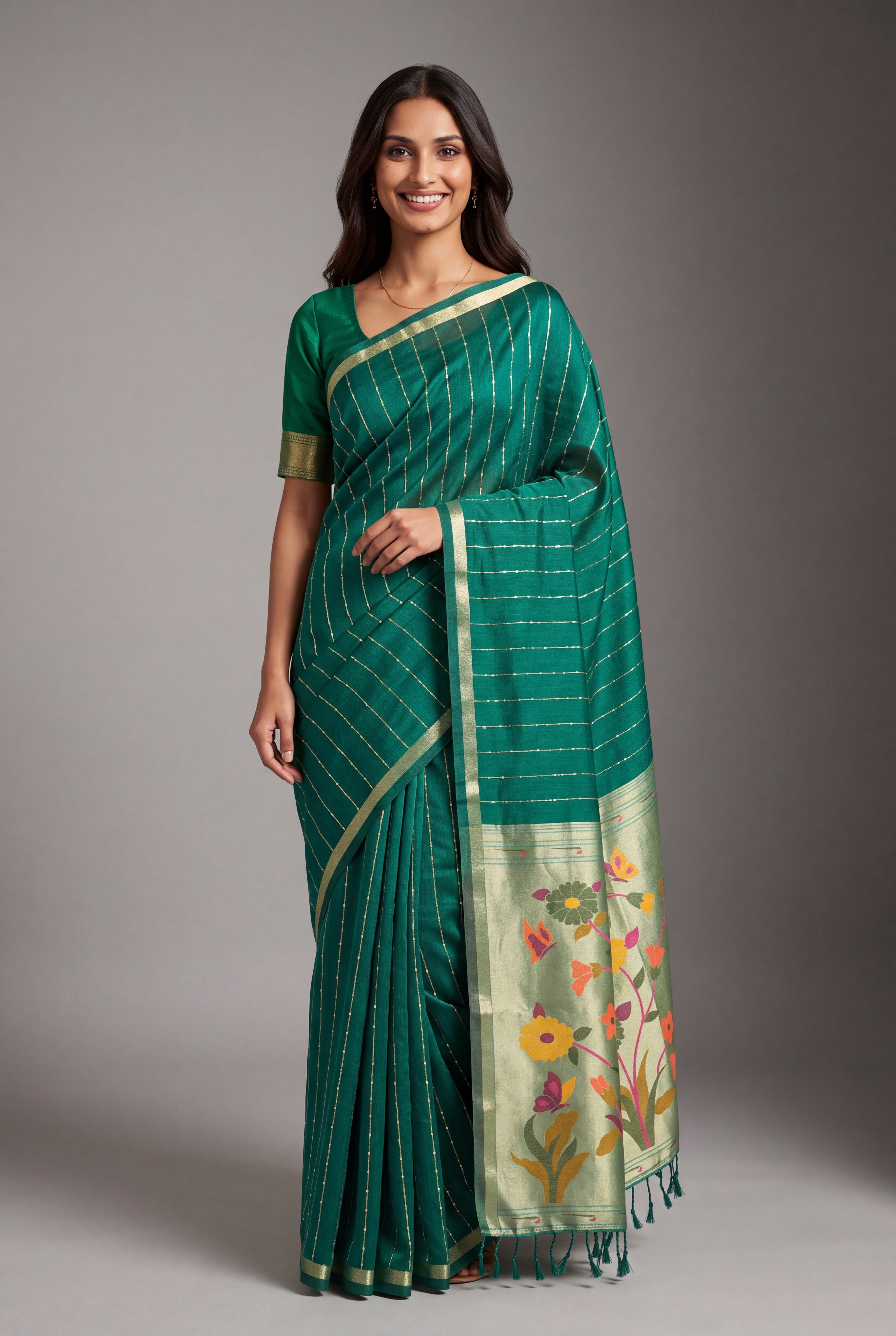 Emerald Green Jamdhani Cotton Paithani Saree with Zari Stripes and Sequins work