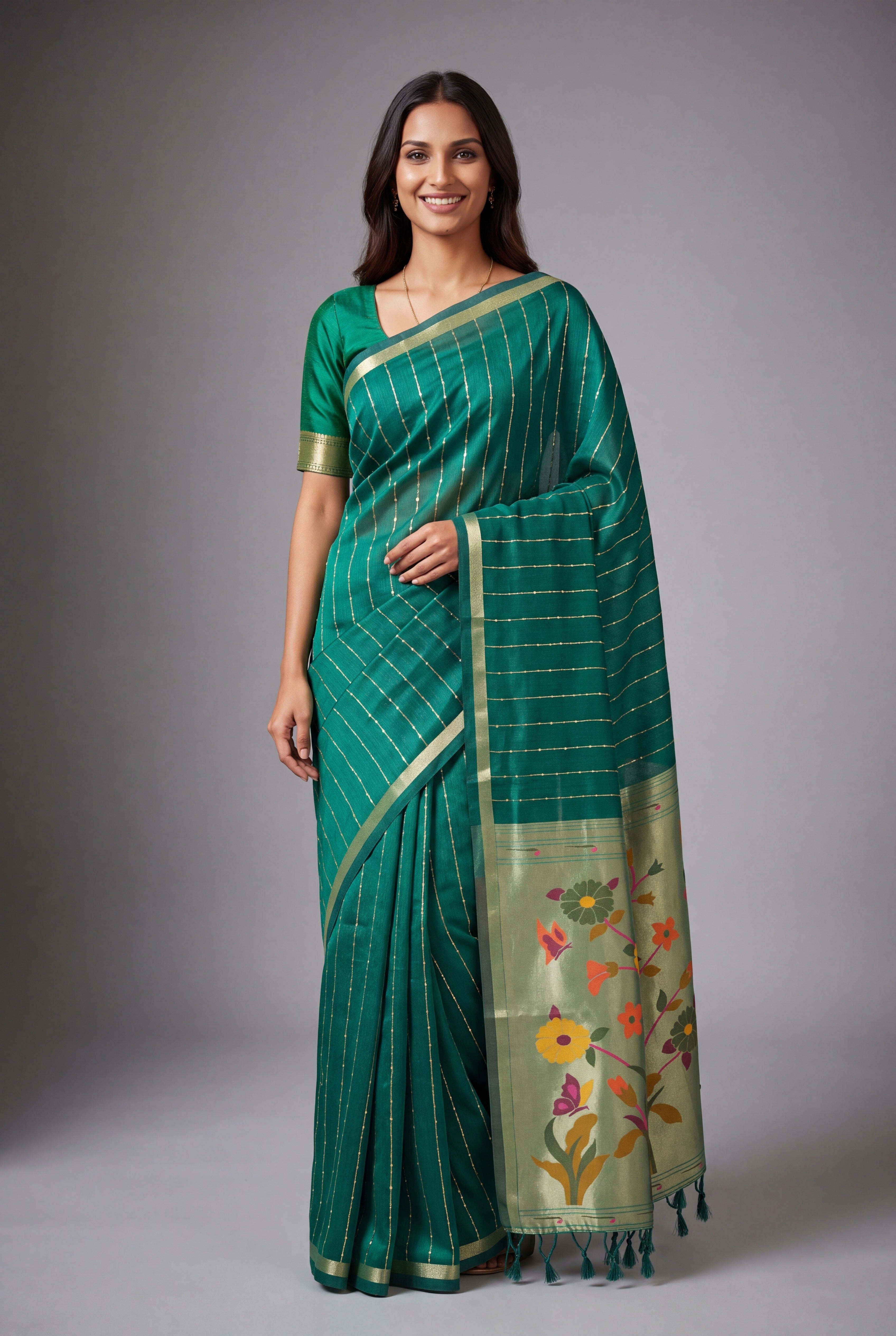 Emerald Green Jamdhani Cotton Paithani Saree with Zari Stripes and Sequins work