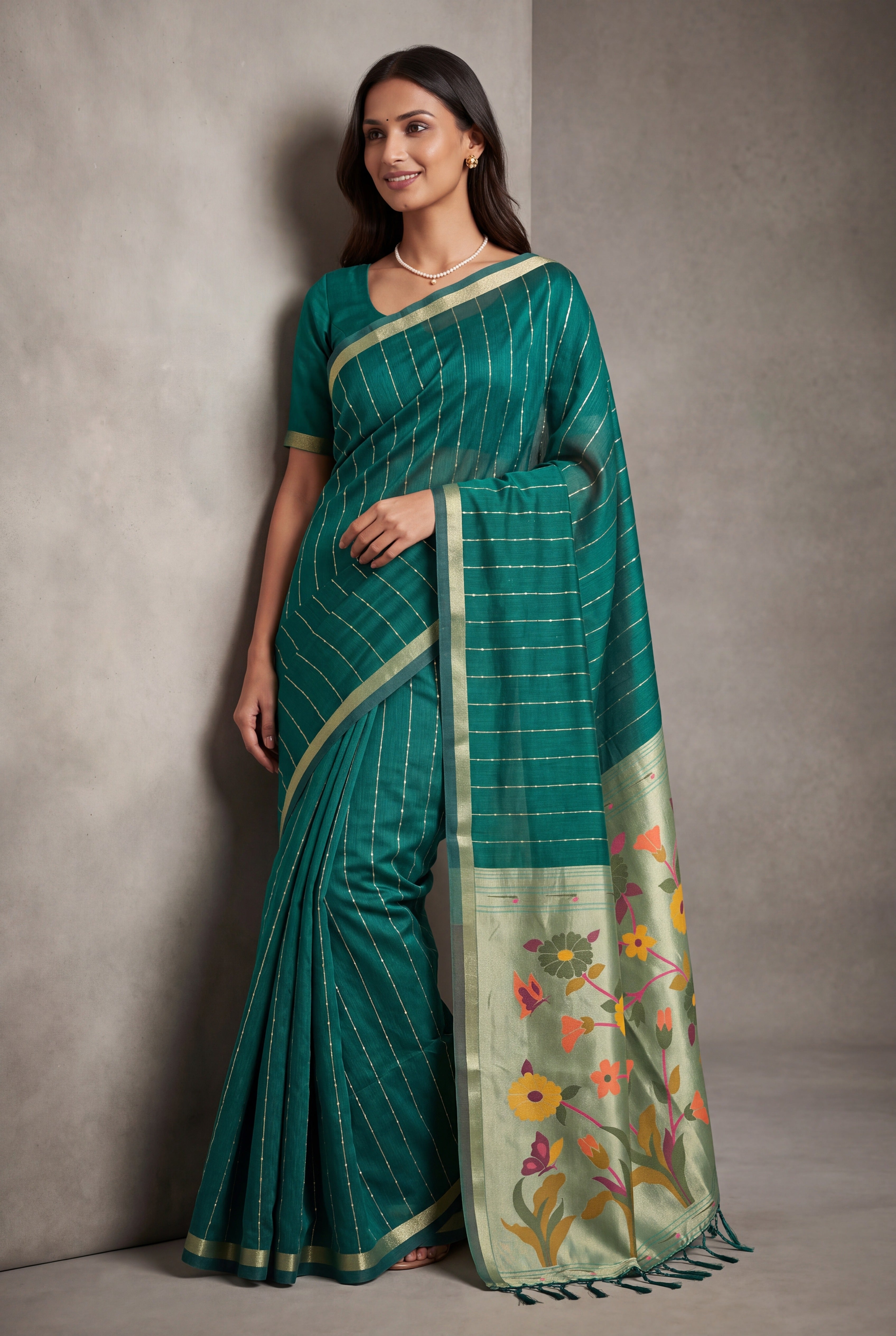 Emerald Green Jamdhani Cotton Paithani Saree with Zari Stripes and Sequins work