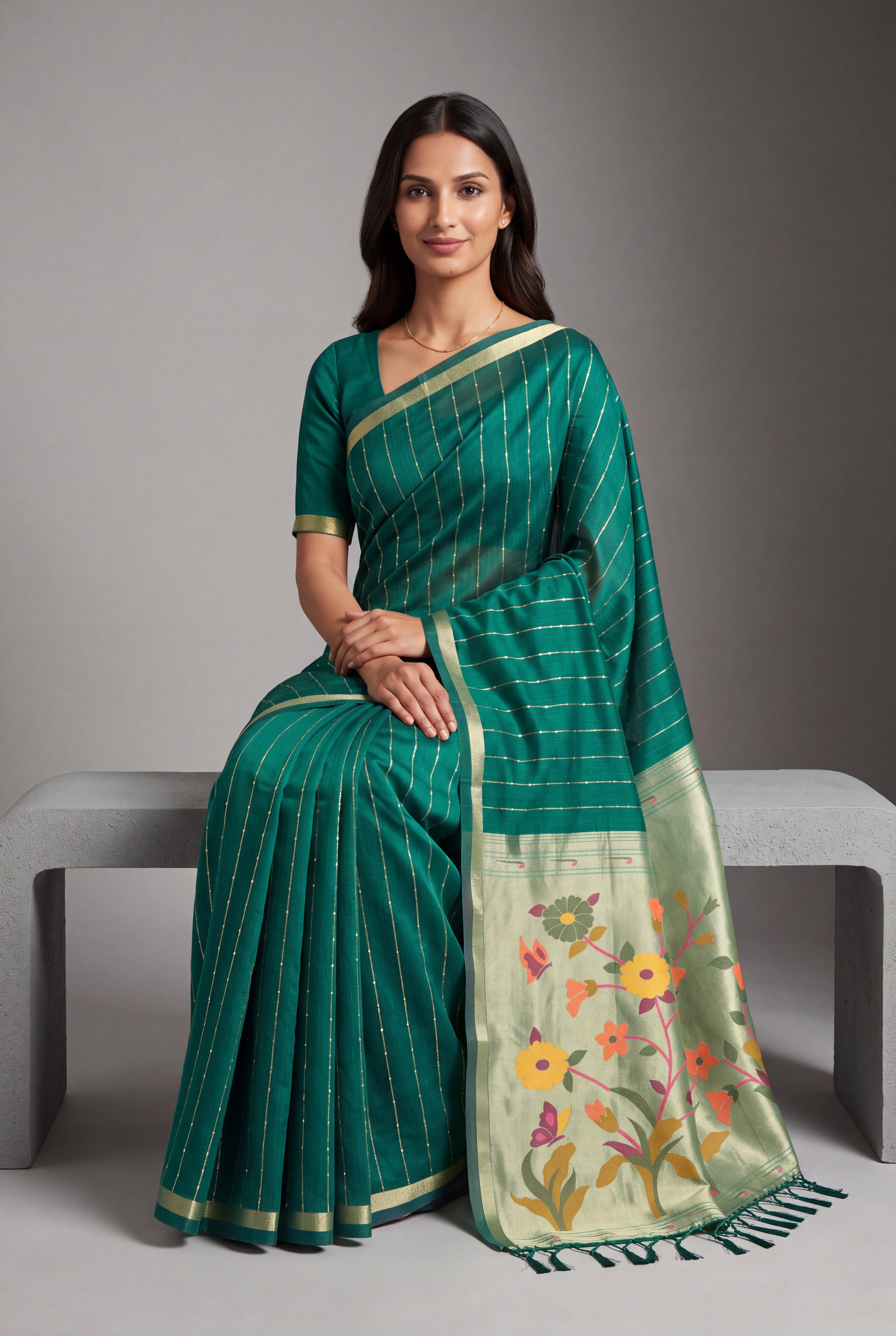 Emerald Green Jamdhani Cotton Paithani Saree with Zari Stripes and Sequins work