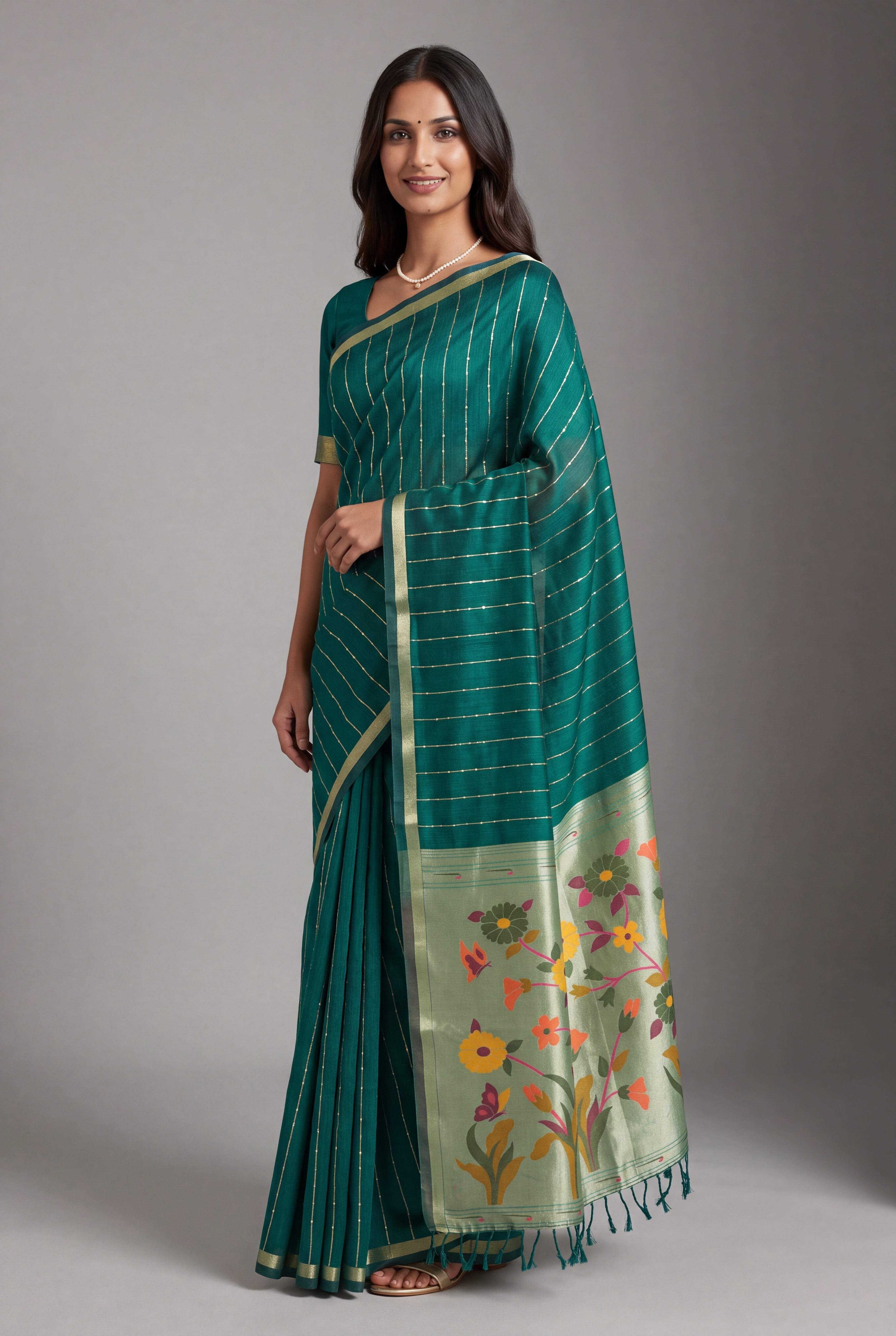 Emerald Green Jamdhani Cotton Paithani Saree with Zari Stripes and Sequins work
