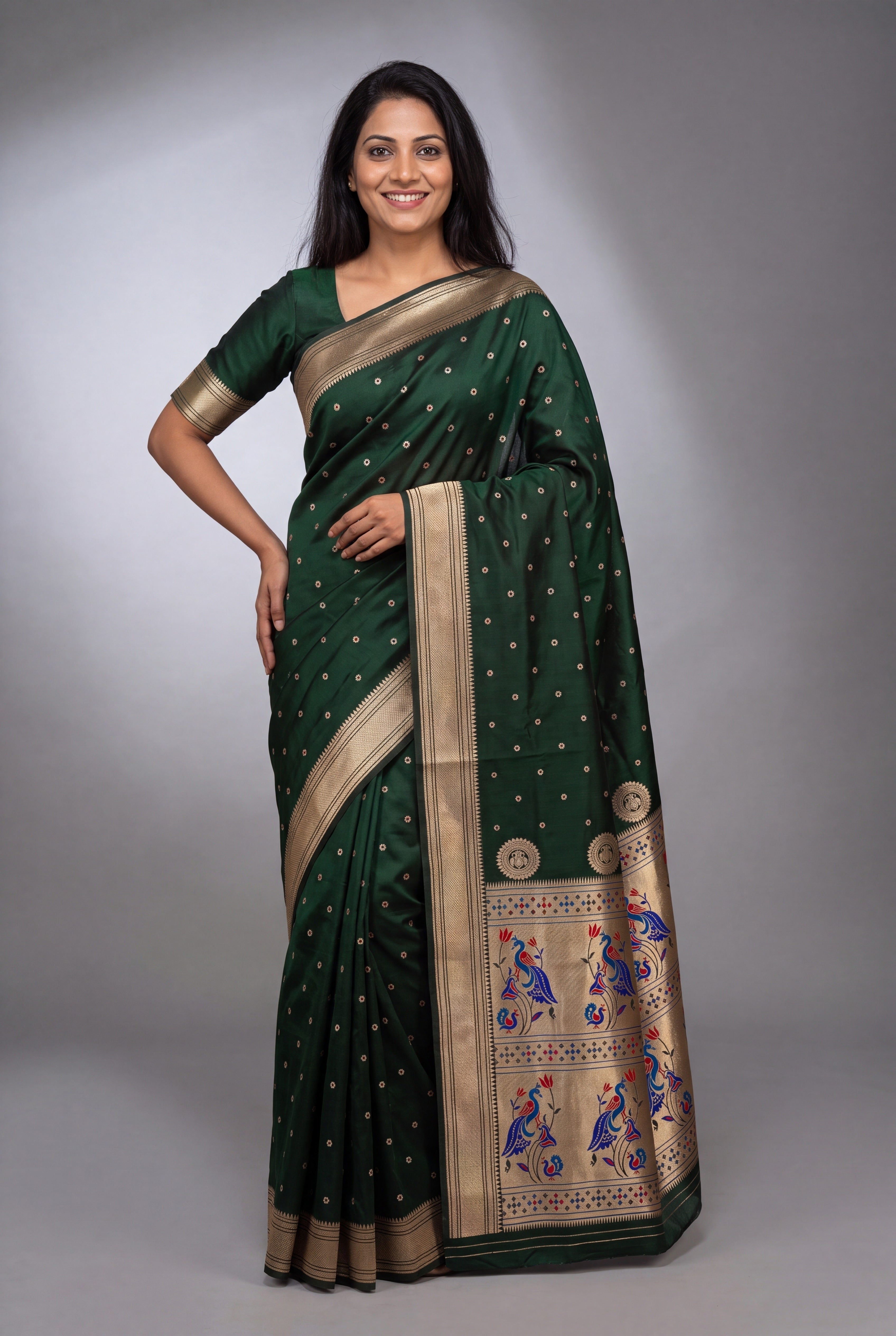 Emerald Green Katan Silk Paithani Saree with Mayuramala Pallu and Meena butti