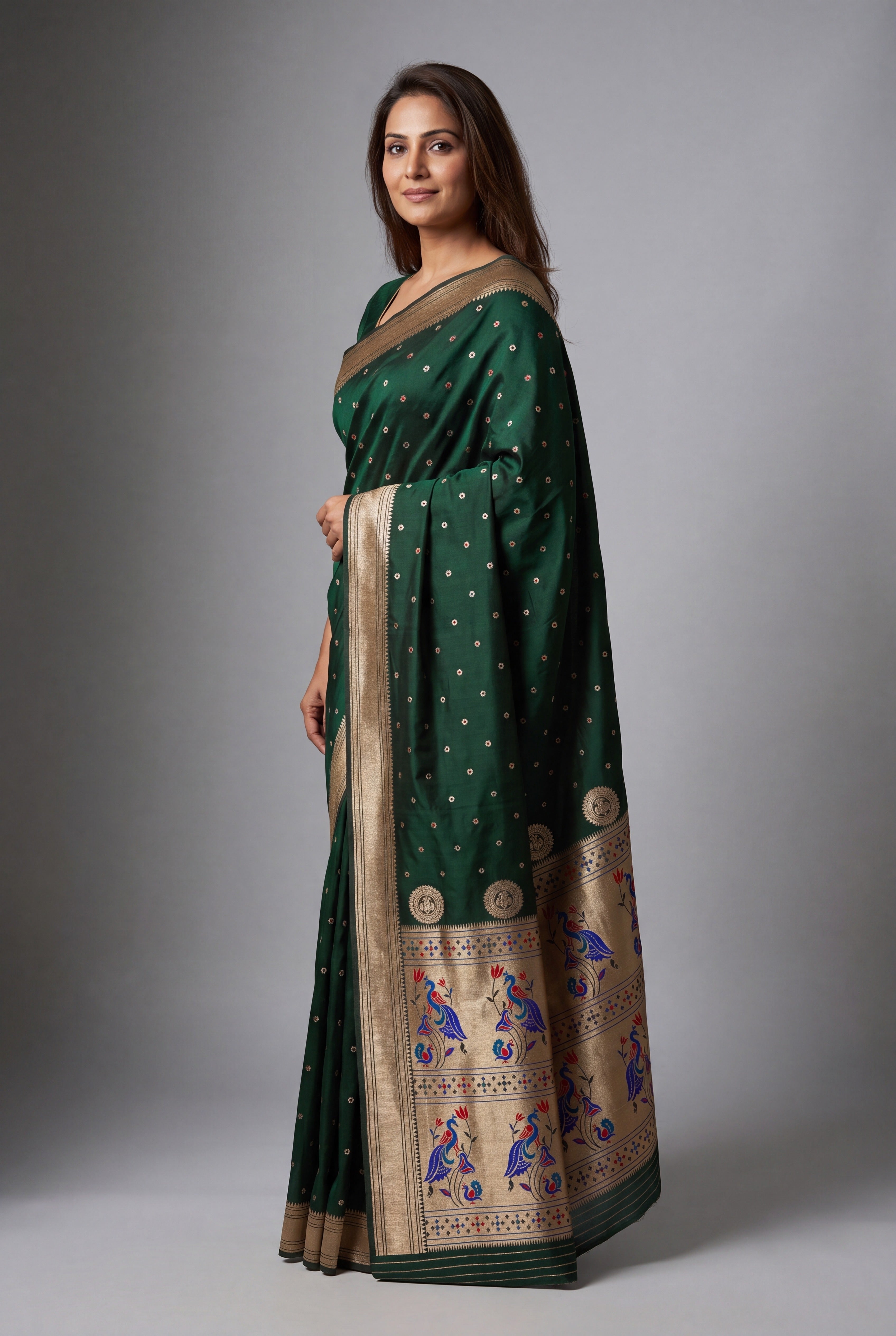 Emerald Green Katan Silk Paithani Saree with Mayuramala Pallu and Meena butti