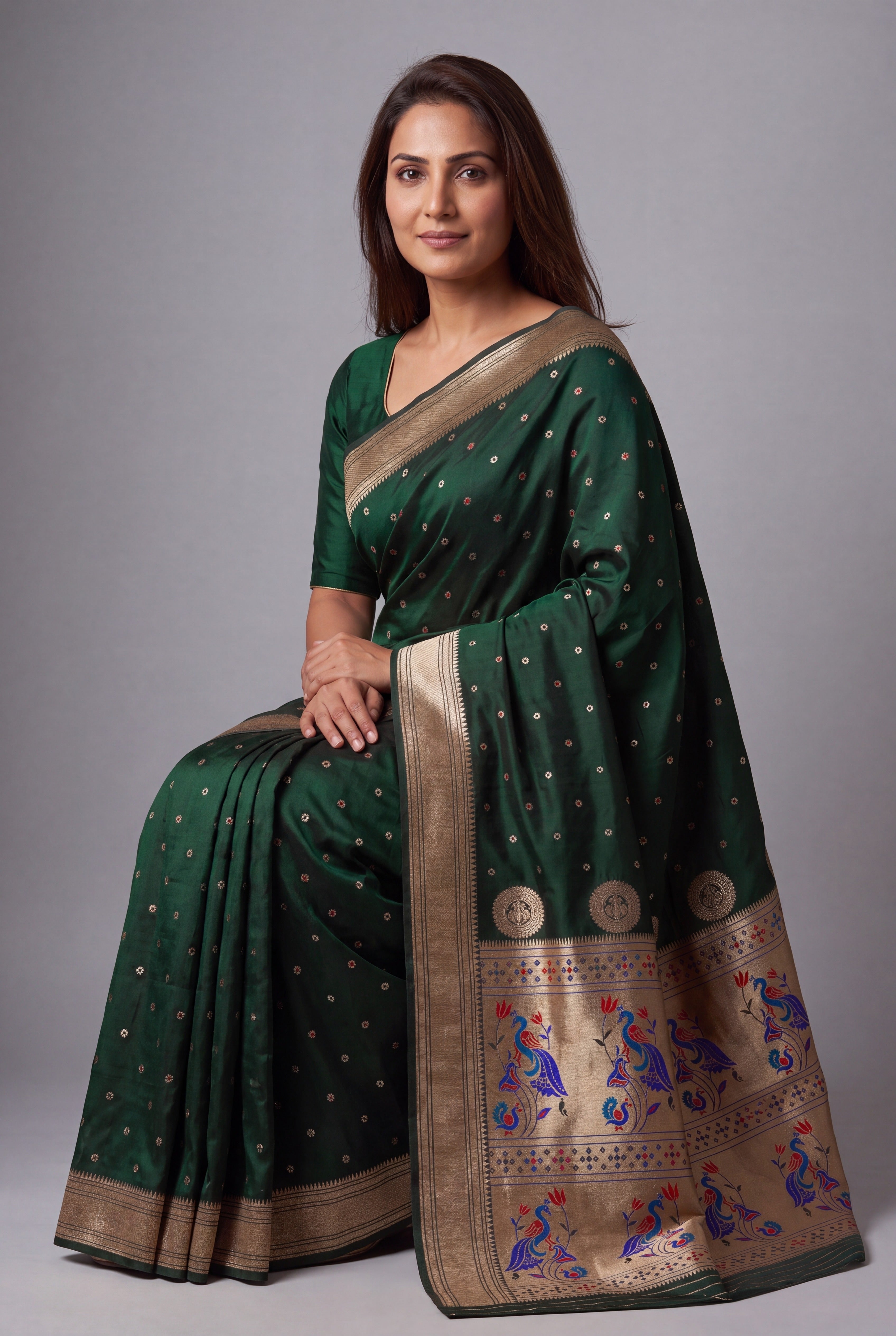 Emerald Green Katan Silk Paithani Saree with Mayuramala Pallu and Meena butti