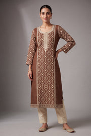 Espresso Brown Sumanodyana Kurti with Cream Chikankari-inspired threadwork
