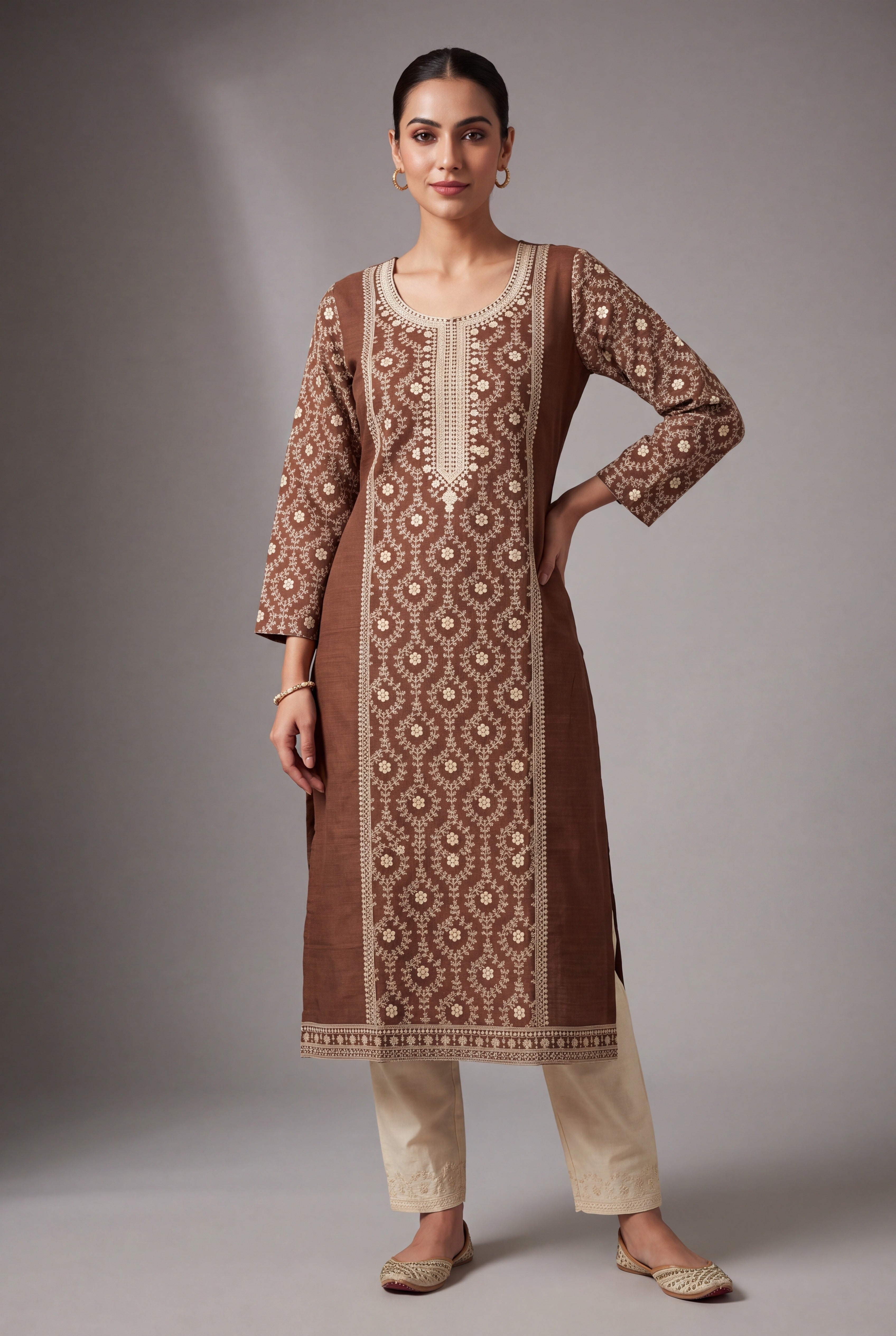 Espresso Brown Sumanodyana Kurti with Cream Chikankari-inspired threadwork