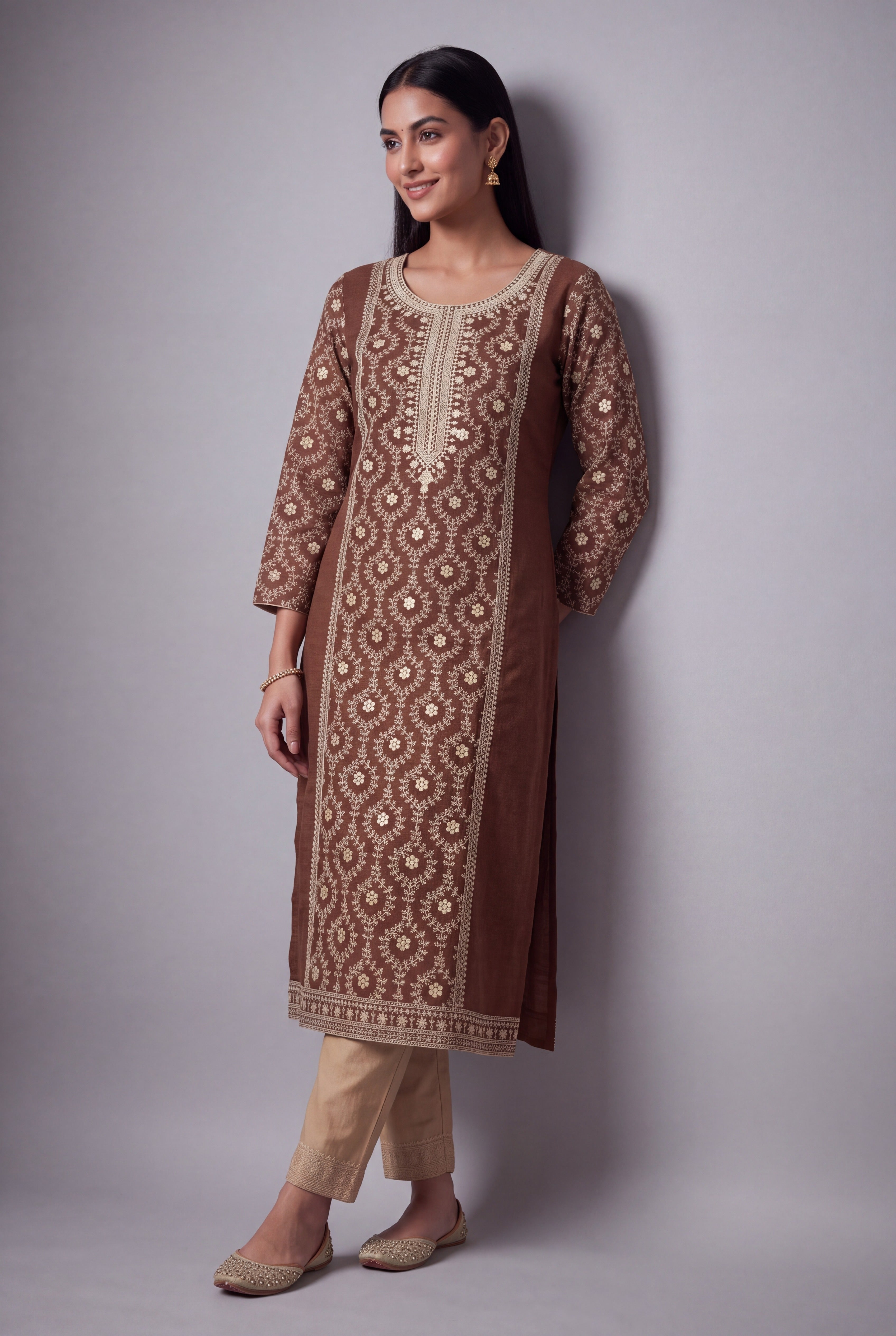Espresso Brown Sumanodyana Kurti with Cream Chikankari-inspired threadwork