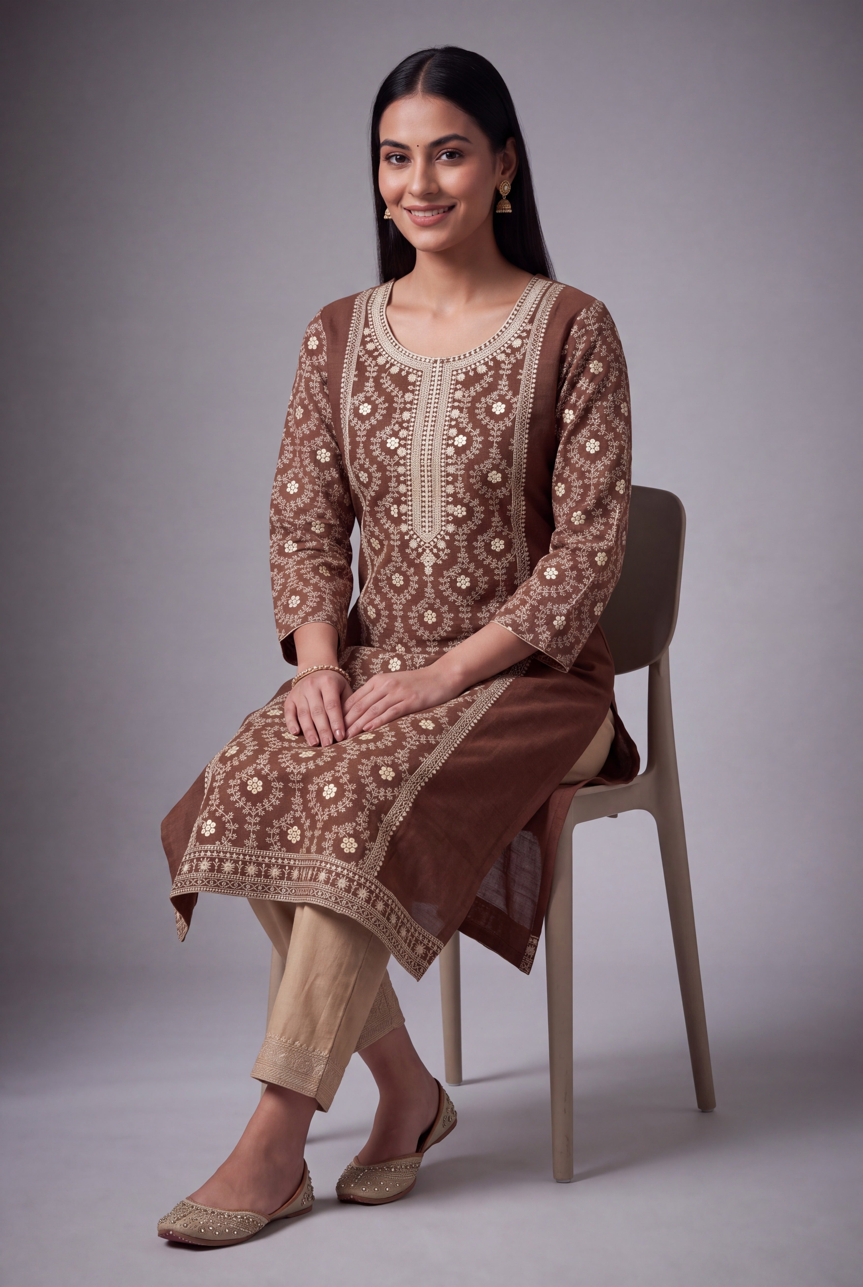Espresso Brown Sumanodyana Kurti with Cream Chikankari-inspired threadwork