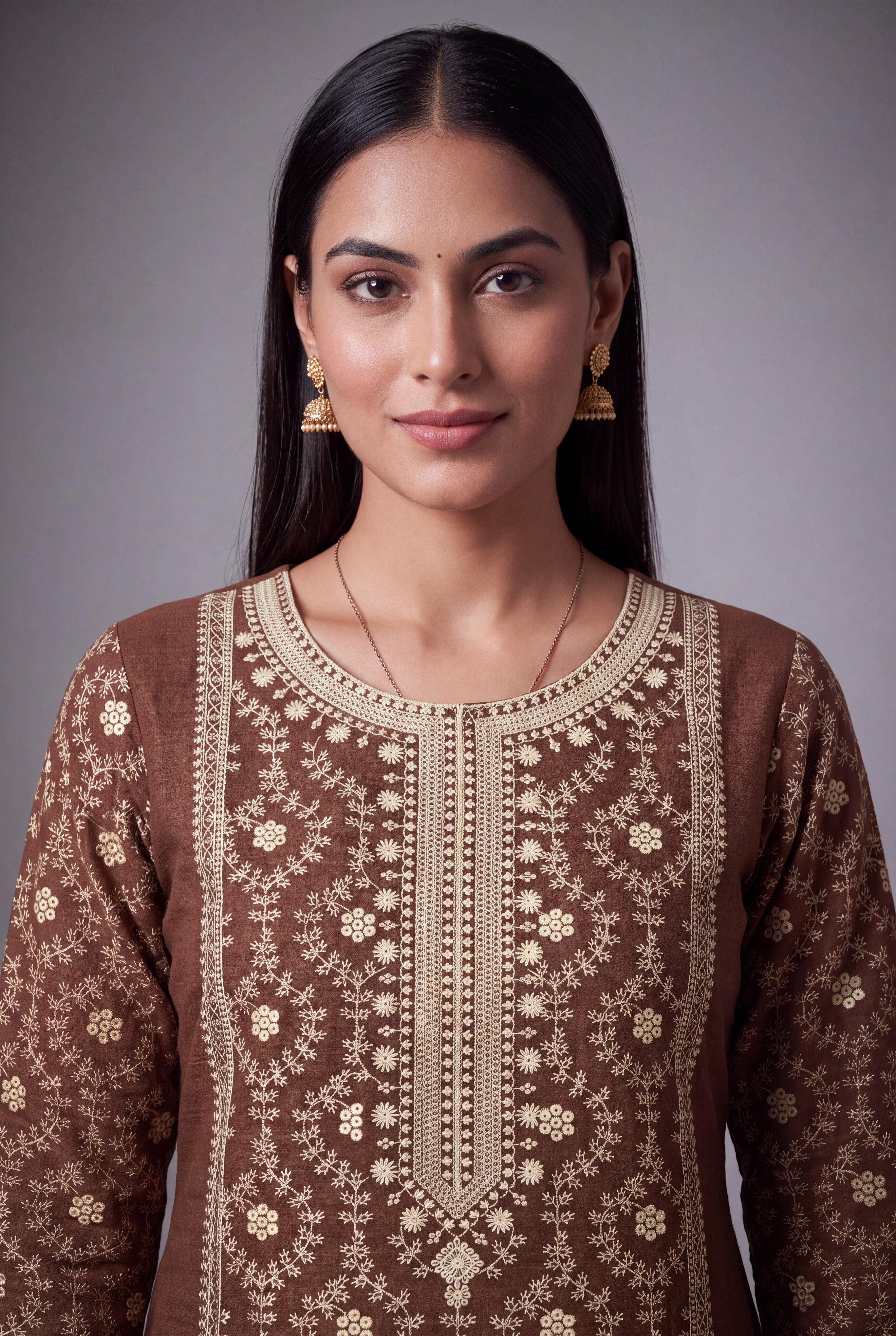 Espresso Brown Sumanodyana Kurti with Cream Chikankari-inspired threadwork