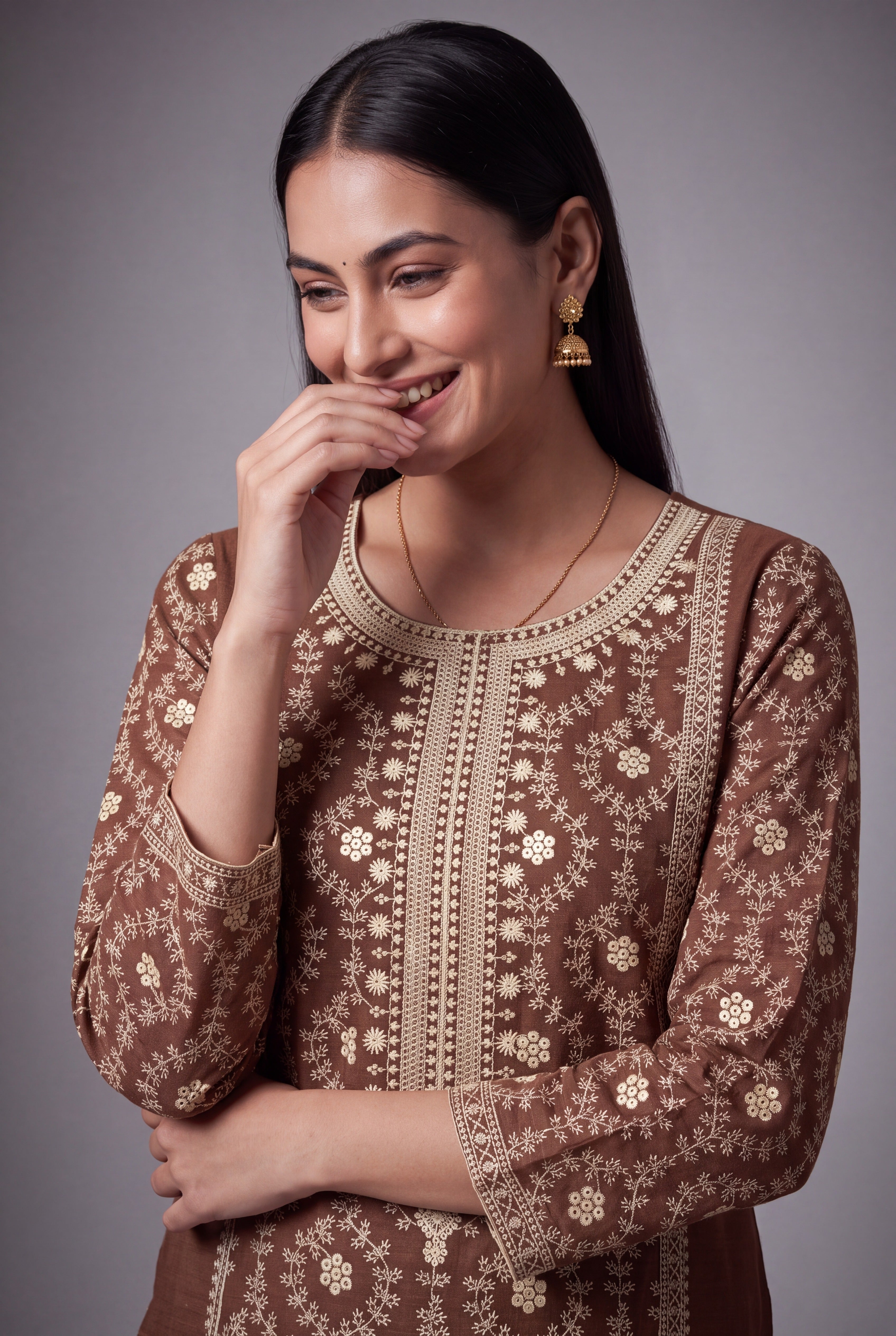 Espresso Brown Sumanodyana Kurti with Cream Chikankari-inspired threadwork