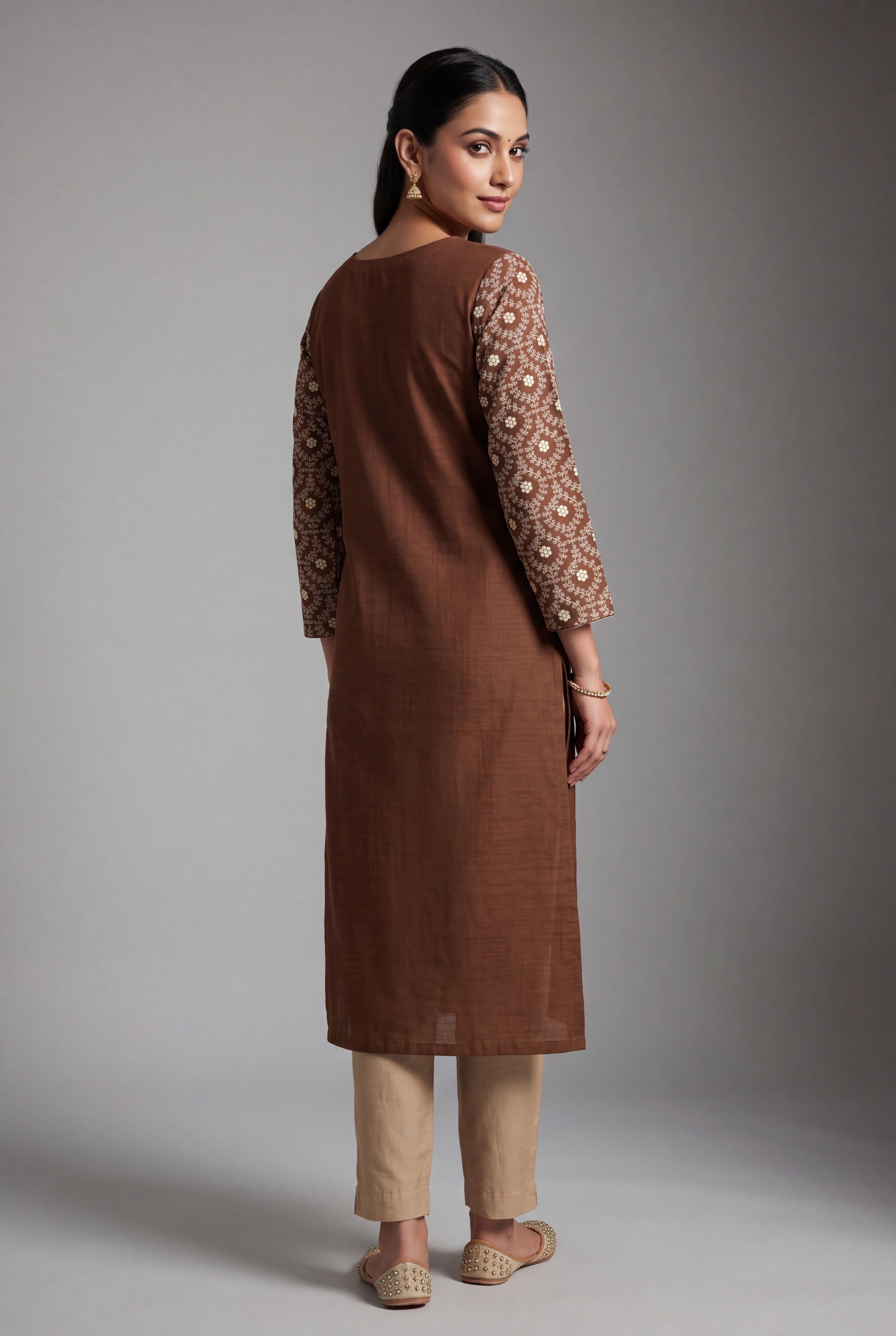 Espresso Brown Sumanodyana Kurti with Cream Chikankari-inspired threadwork