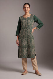 Forest Green Aranya Kurti with Cream Paisley and Jaal threadwork