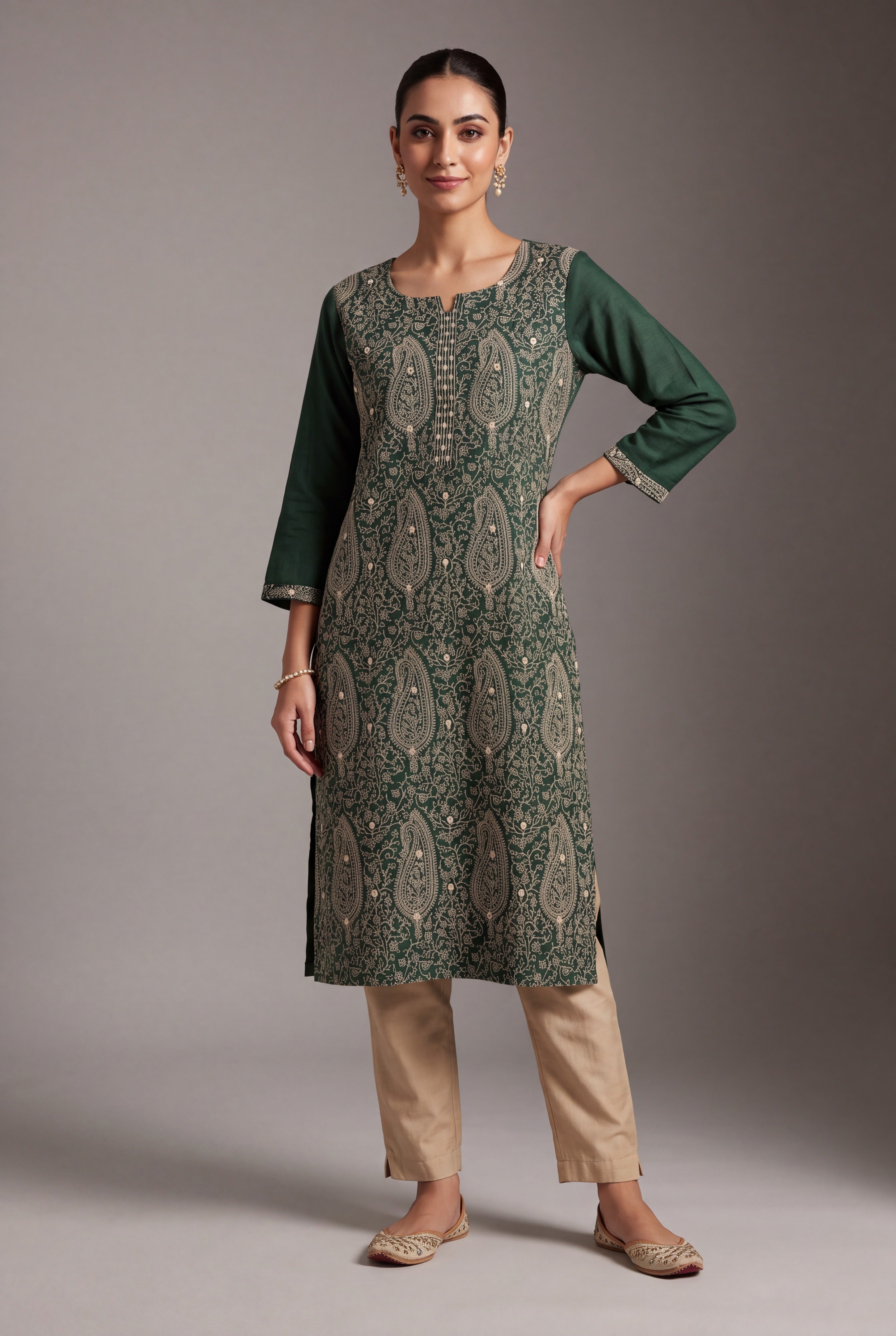 Forest Green Aranya Kurti with Cream Paisley and Jaal threadwork
