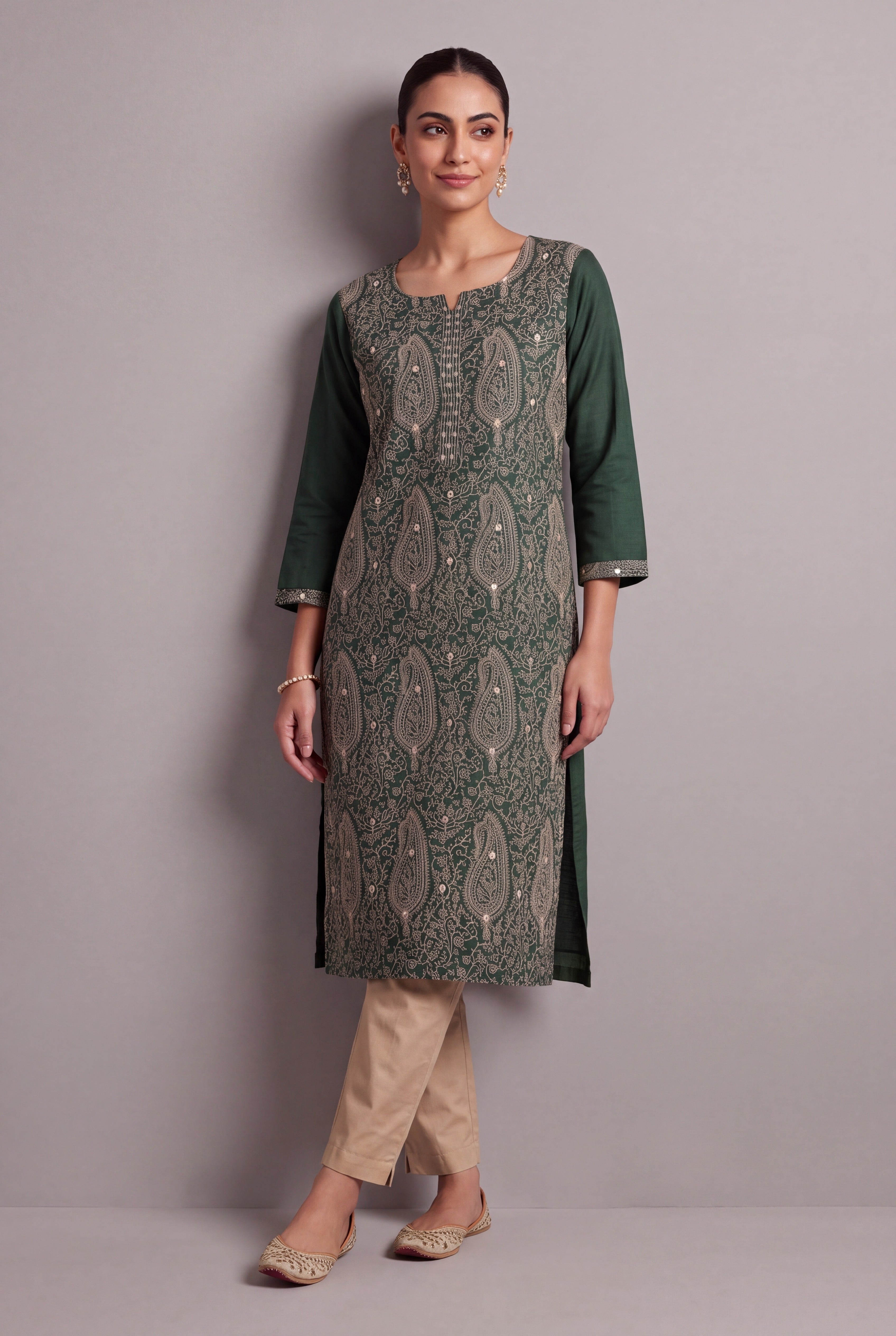 Forest Green Aranya Kurti with Cream Paisley and Jaal threadwork