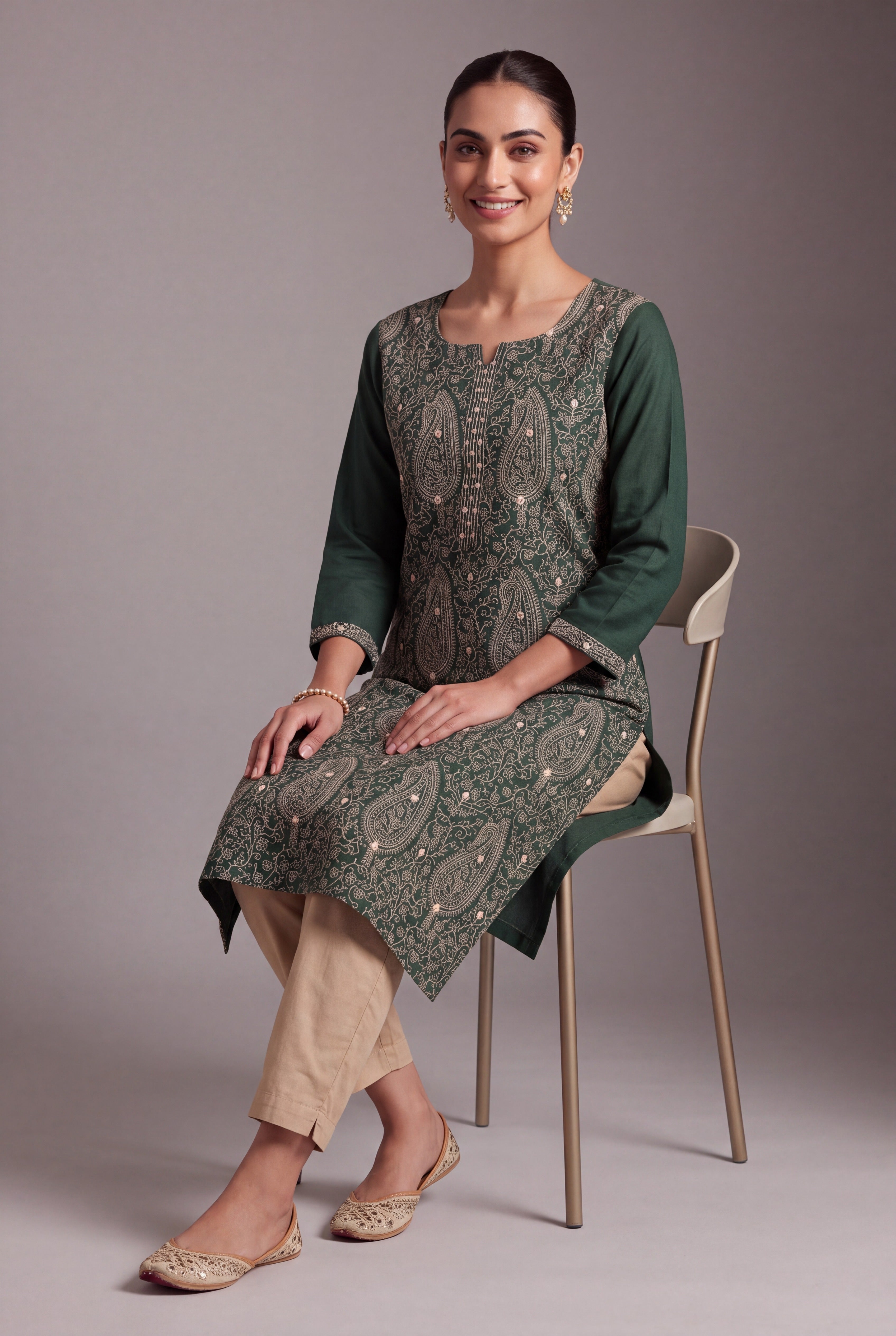 Forest Green Aranya Kurti with Cream Paisley and Jaal threadwork