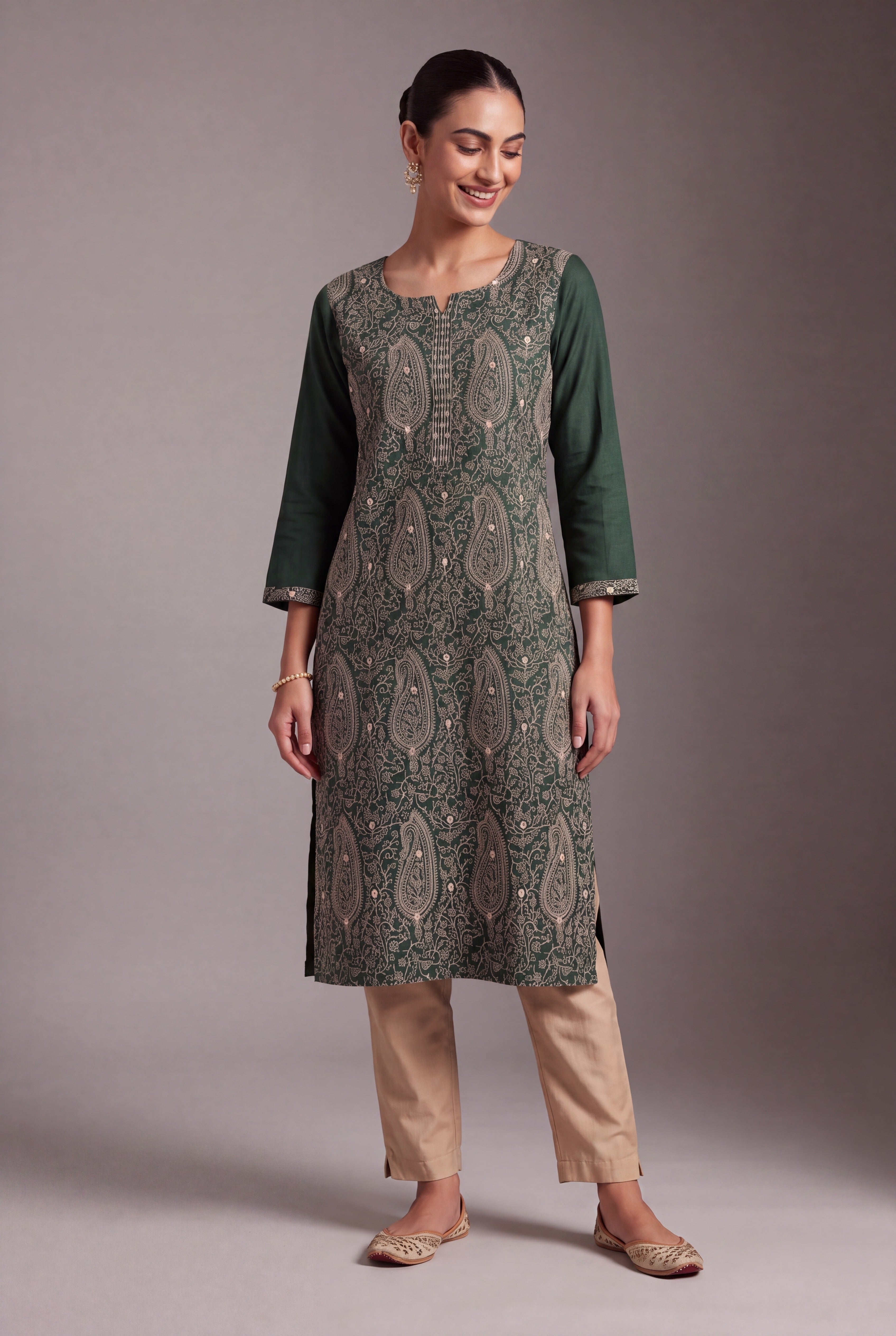 Forest Green Aranya Kurti with Cream Paisley and Jaal threadwork