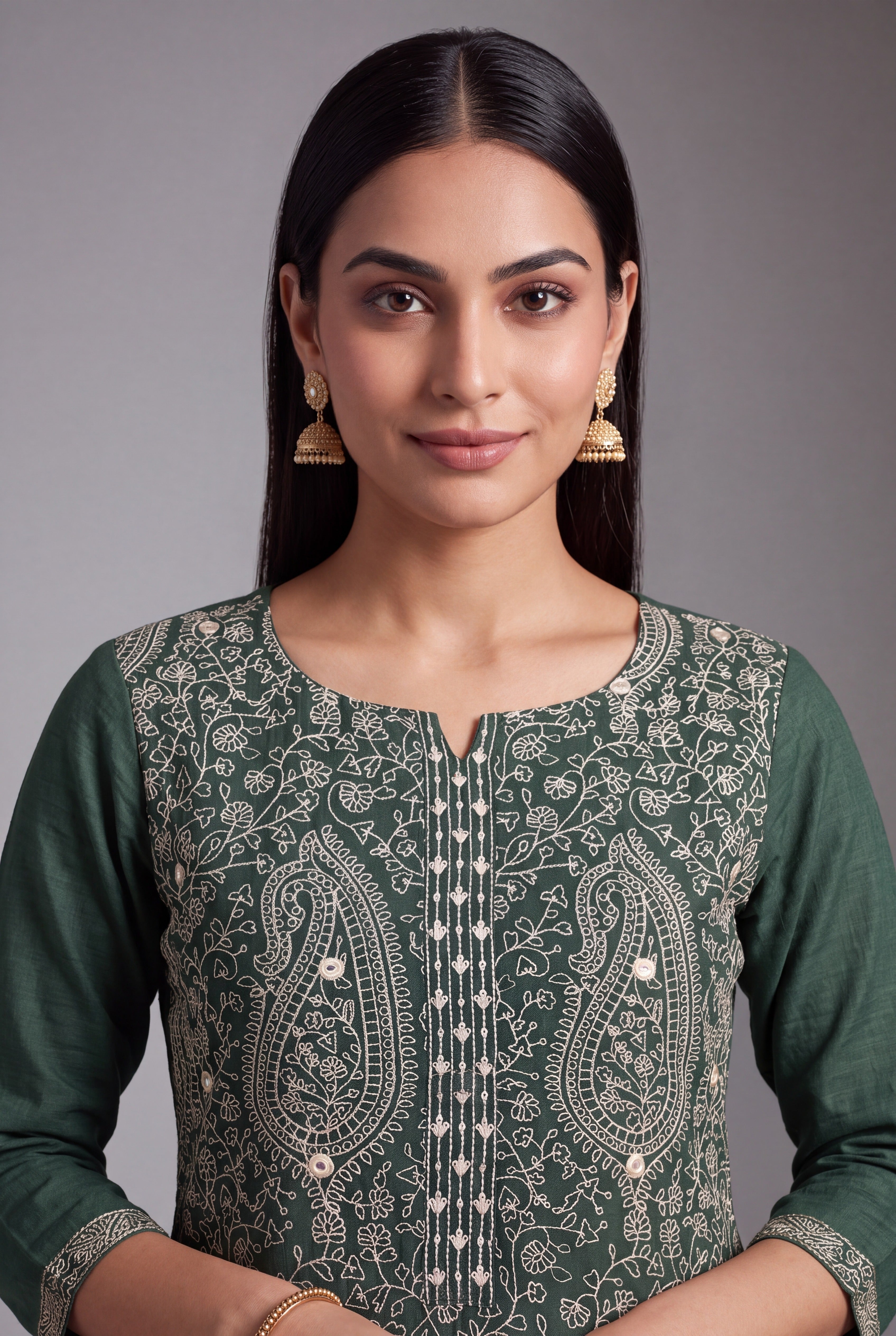 Forest Green Aranya Kurti with Cream Paisley and Jaal threadwork