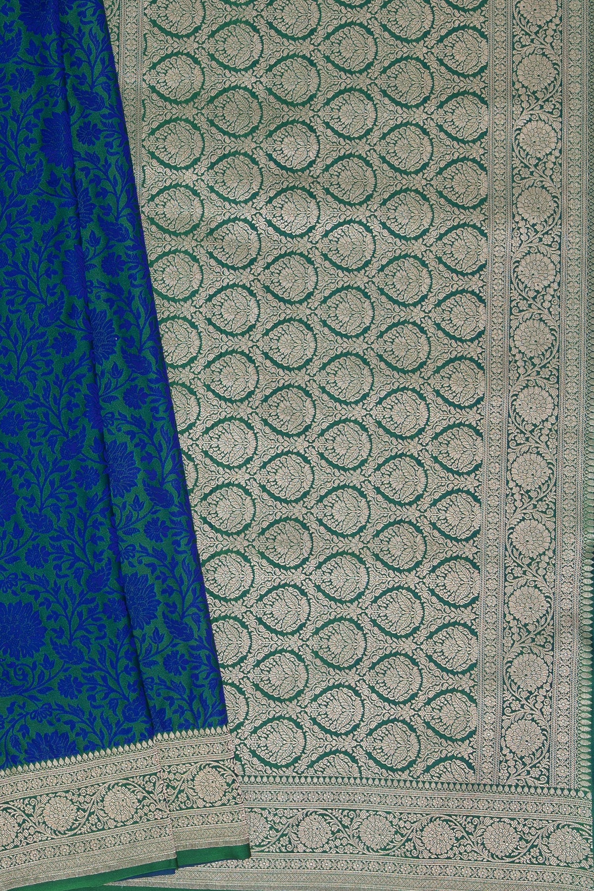 Forest Green Katan Silk Banarasi Saree with Embossed Midnight Blue Floral weave
