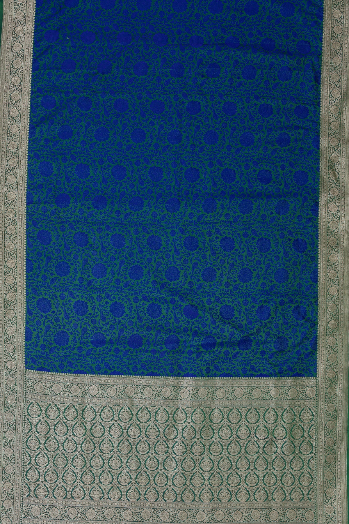 Forest Green Katan Silk Banarasi Saree with Embossed Midnight Blue Floral weave