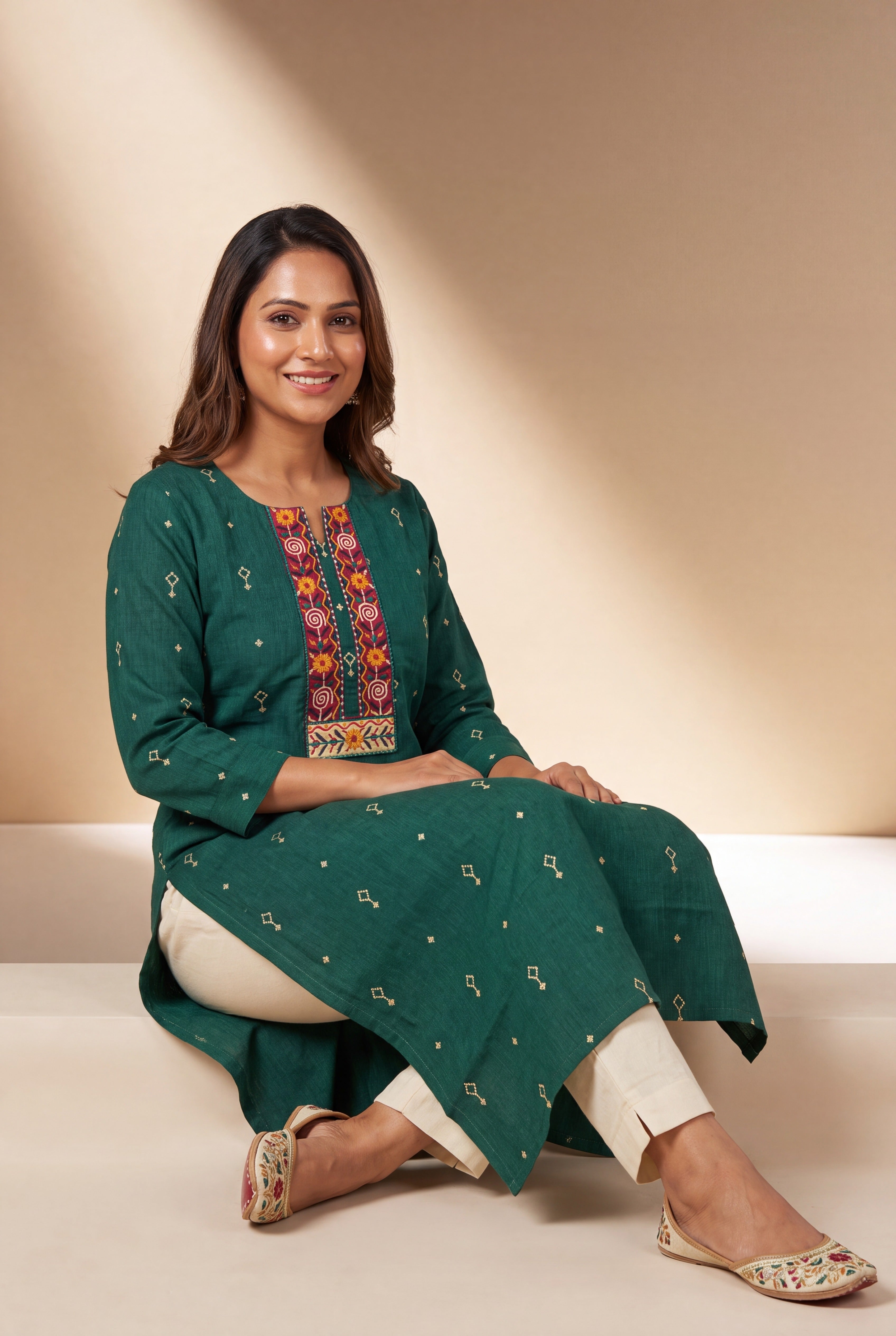 Forest Green Kurti with Sumana threadwork