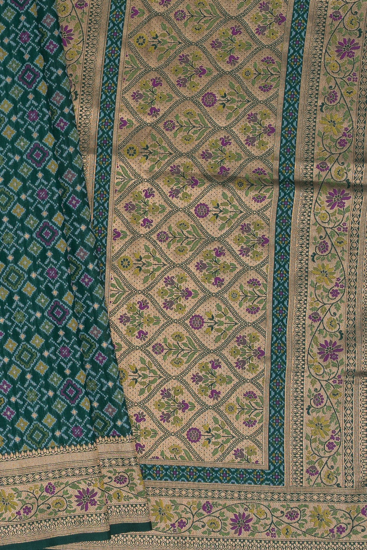 Forest Green Tussar Silk Patola Saree with Resham Threadwork Pallu