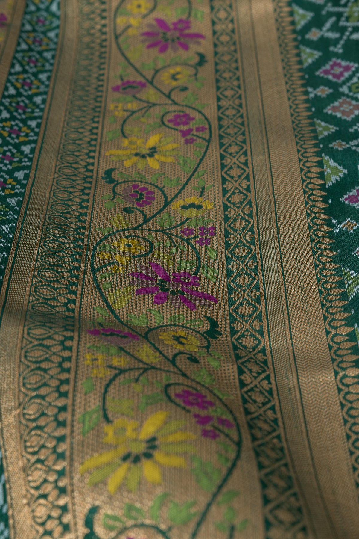 Forest Green Tussar Silk Patola Saree with Resham Threadwork Pallu