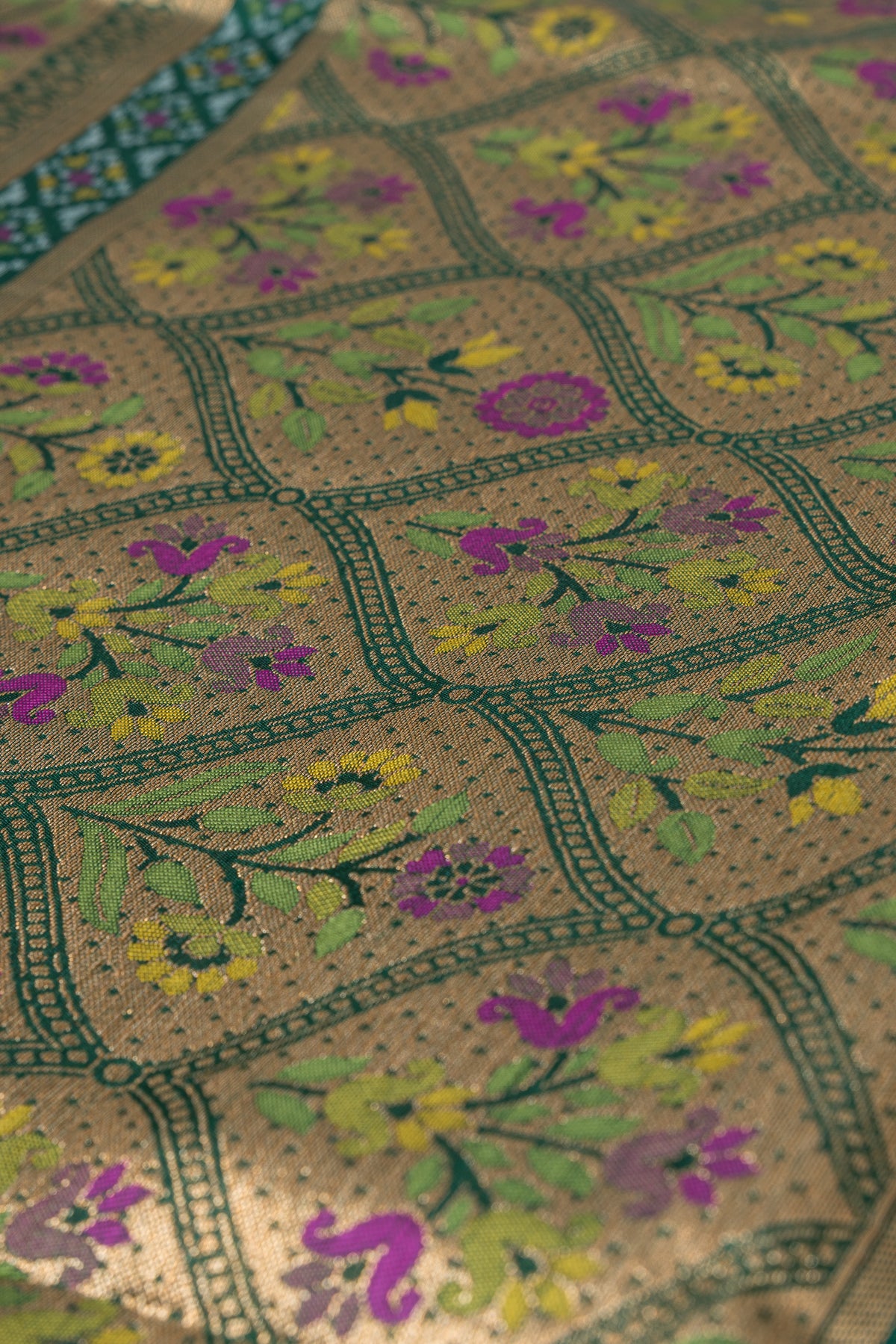Forest Green Tussar Silk Patola Saree with Resham Threadwork Pallu
