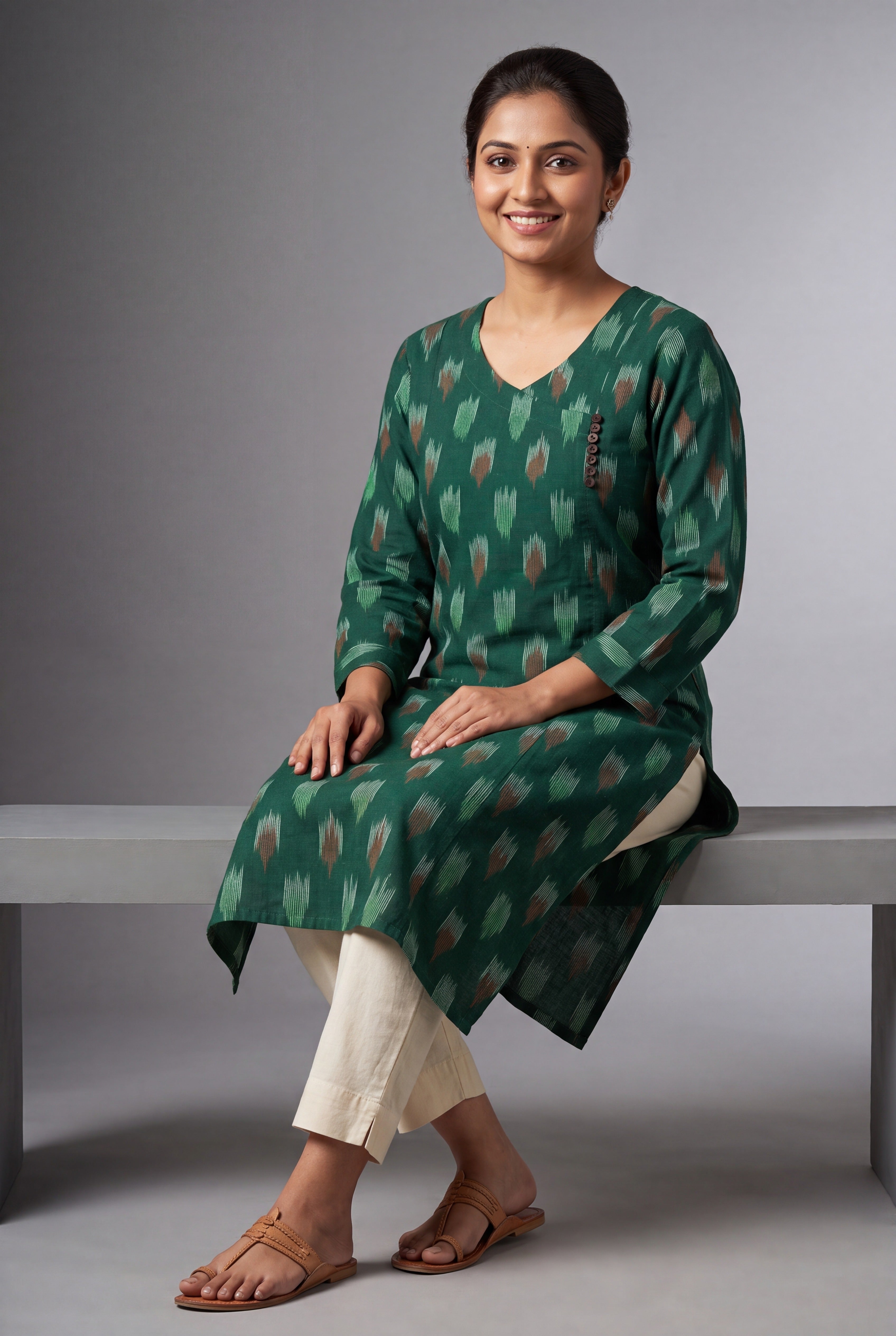 Forest Green Vanya Ikkat Angarkha Kurti