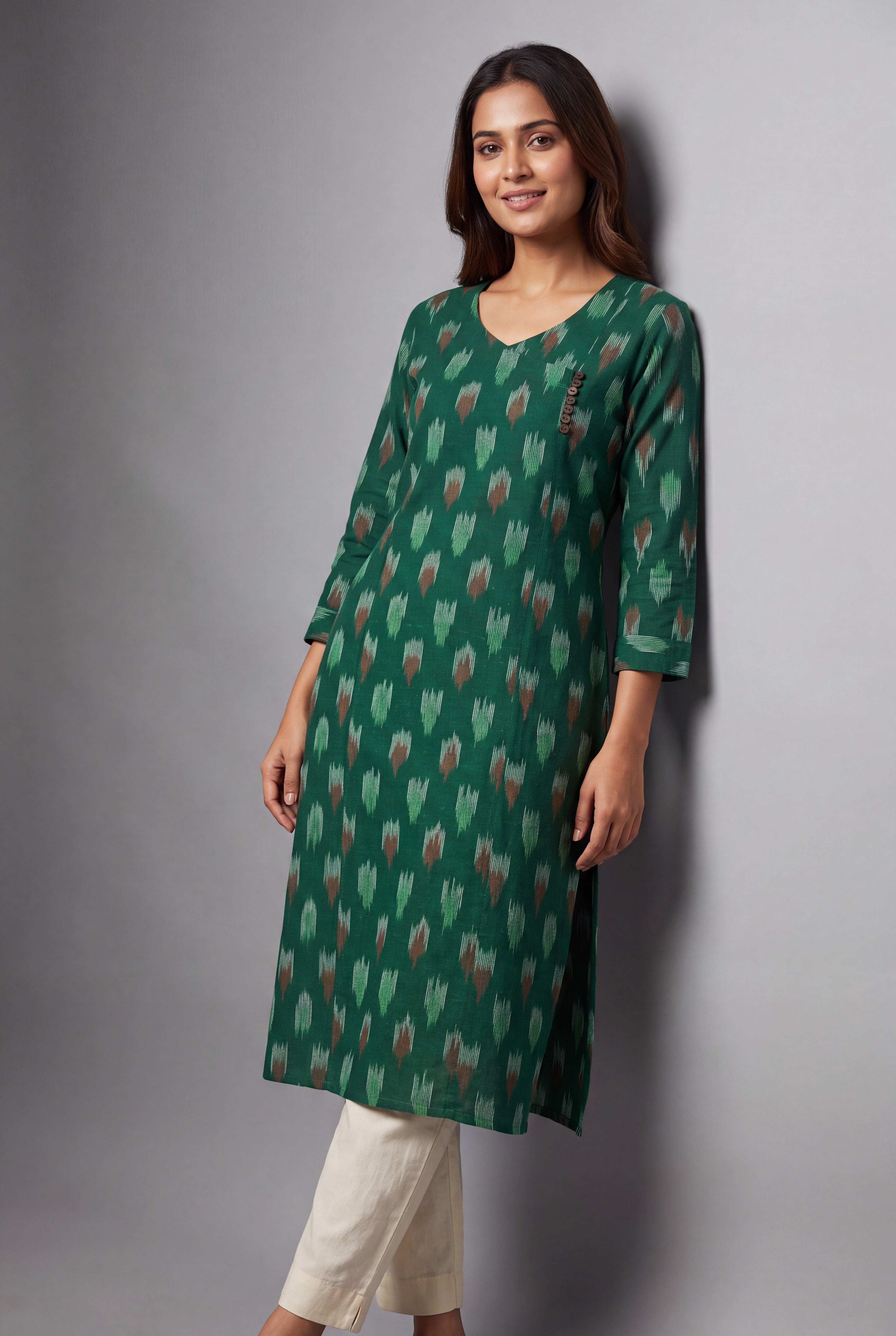 Forest Green Vanya Ikkat Angarkha Kurti