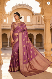 Dusty Rose Jute Silk Saree with Gold and Copper Zariwork