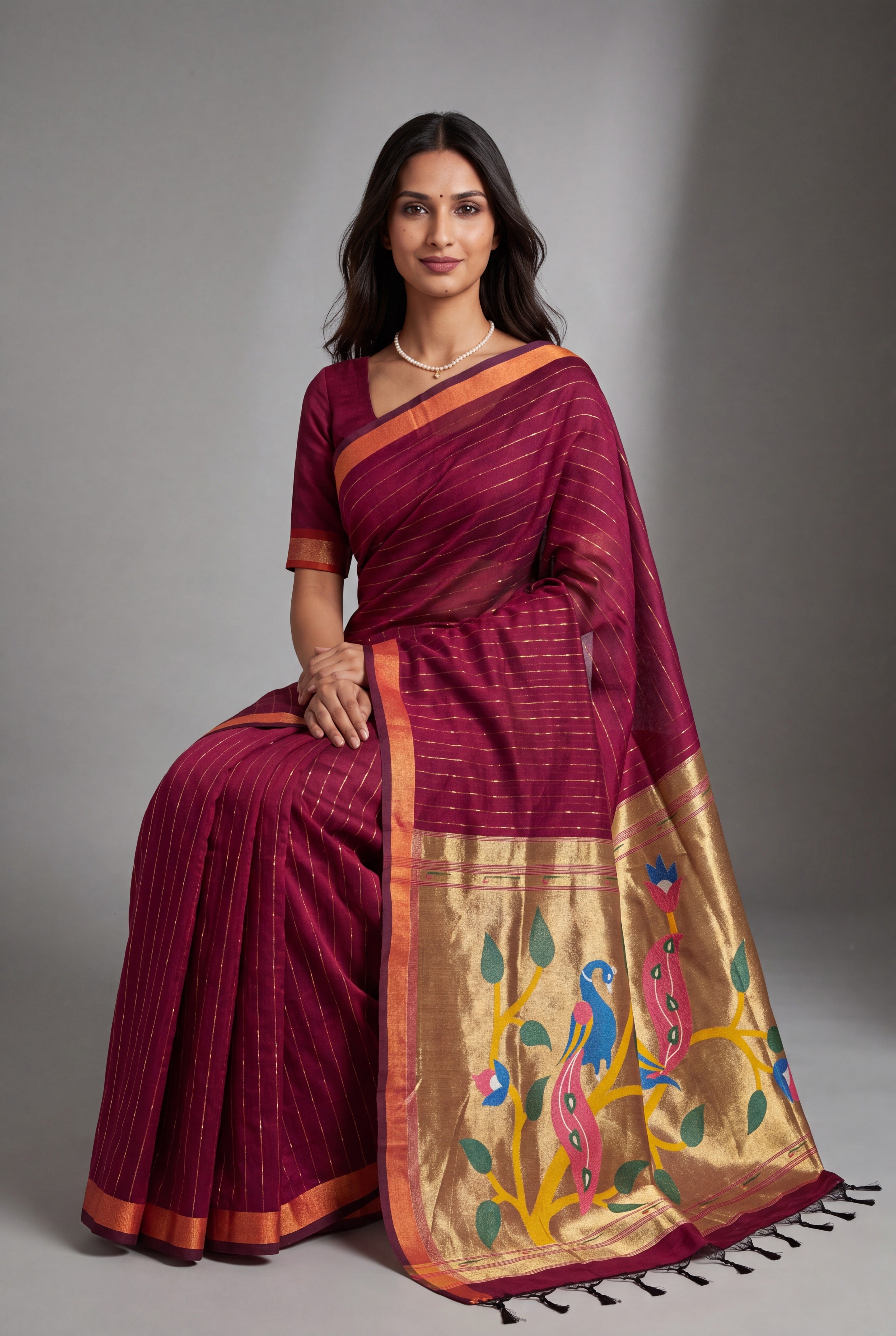 Grape Red Jamdhani Cotton Paithani Saree with Zari stripes