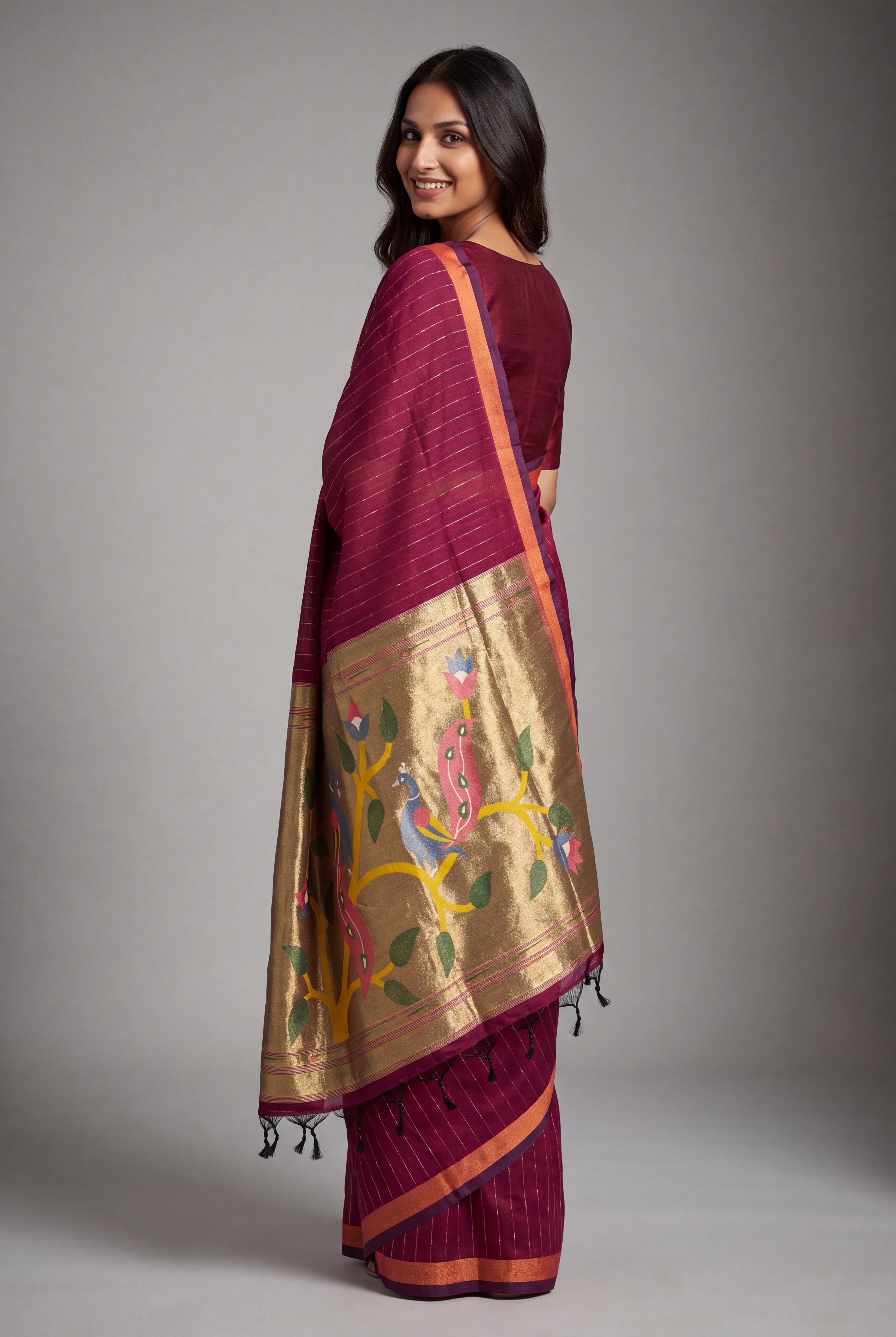 Grape Red Jamdhani Cotton Paithani Saree with Zari stripes