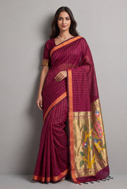 Grape Red Jamdhani Cotton Paithani Saree with Zari stripes
