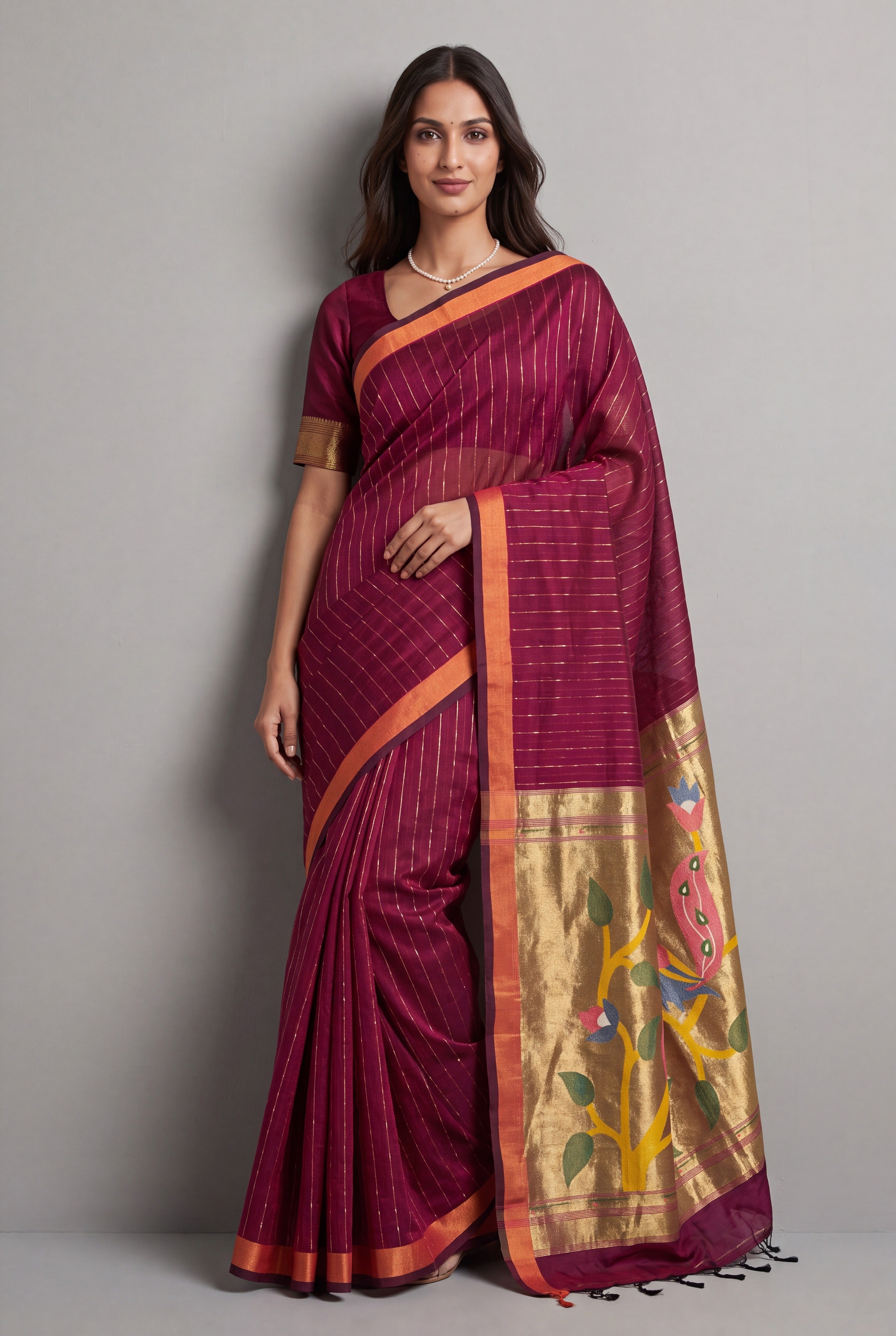 Grape Red Jamdhani Cotton Paithani Saree with Zari stripes