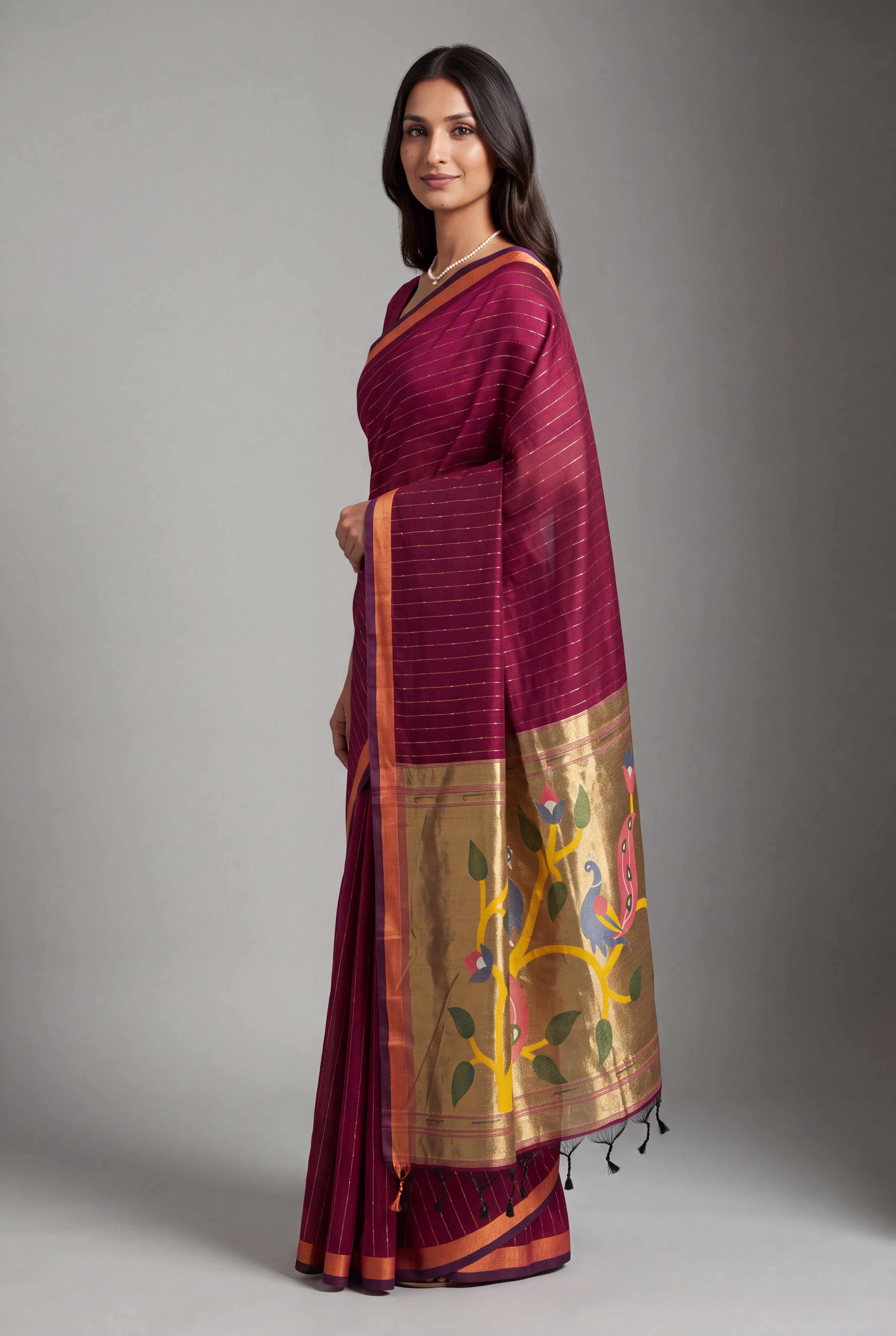 Grape Red Jamdhani Cotton Paithani Saree with Zari stripes