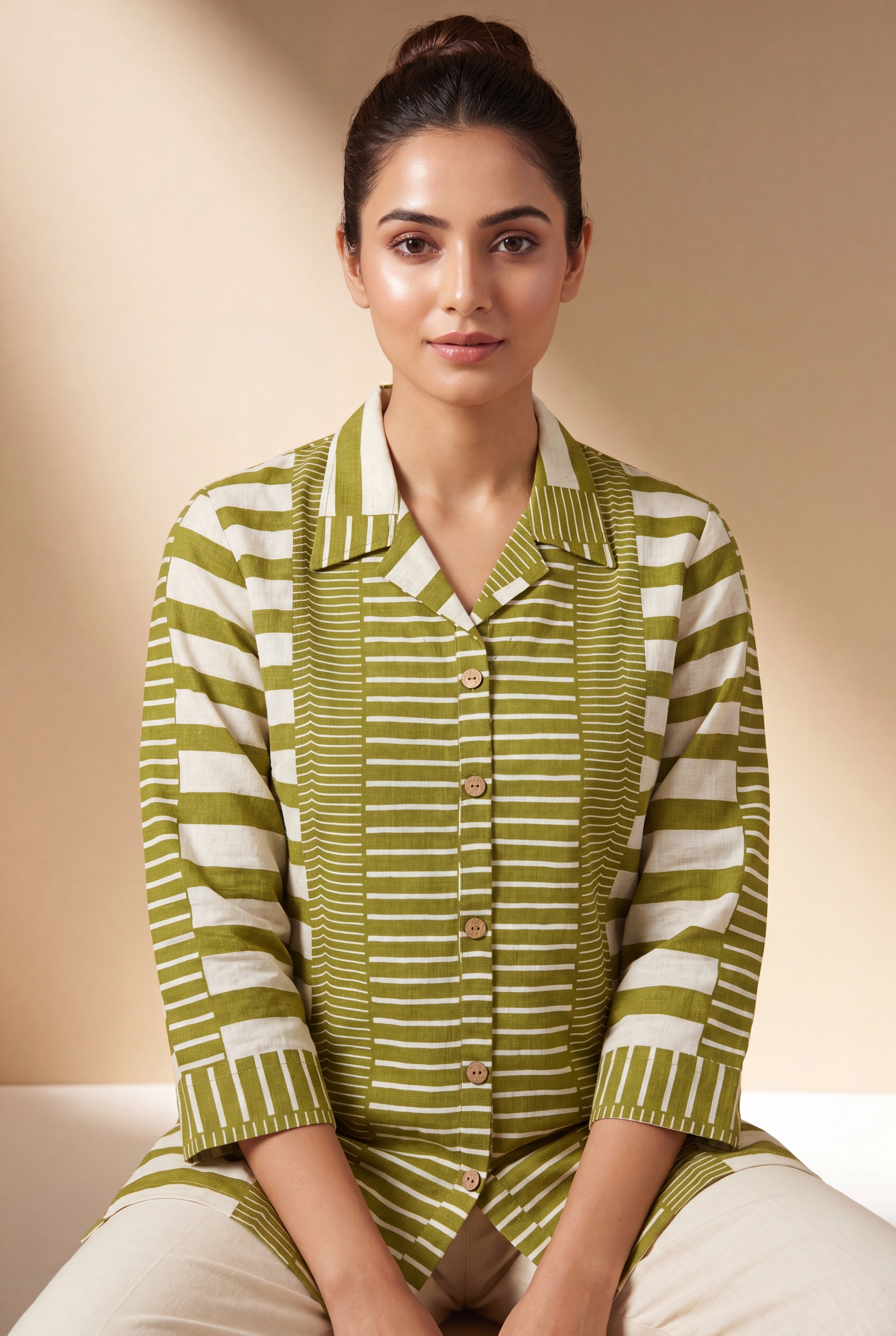Green Cotton Kurti with Geometric Stripe Print