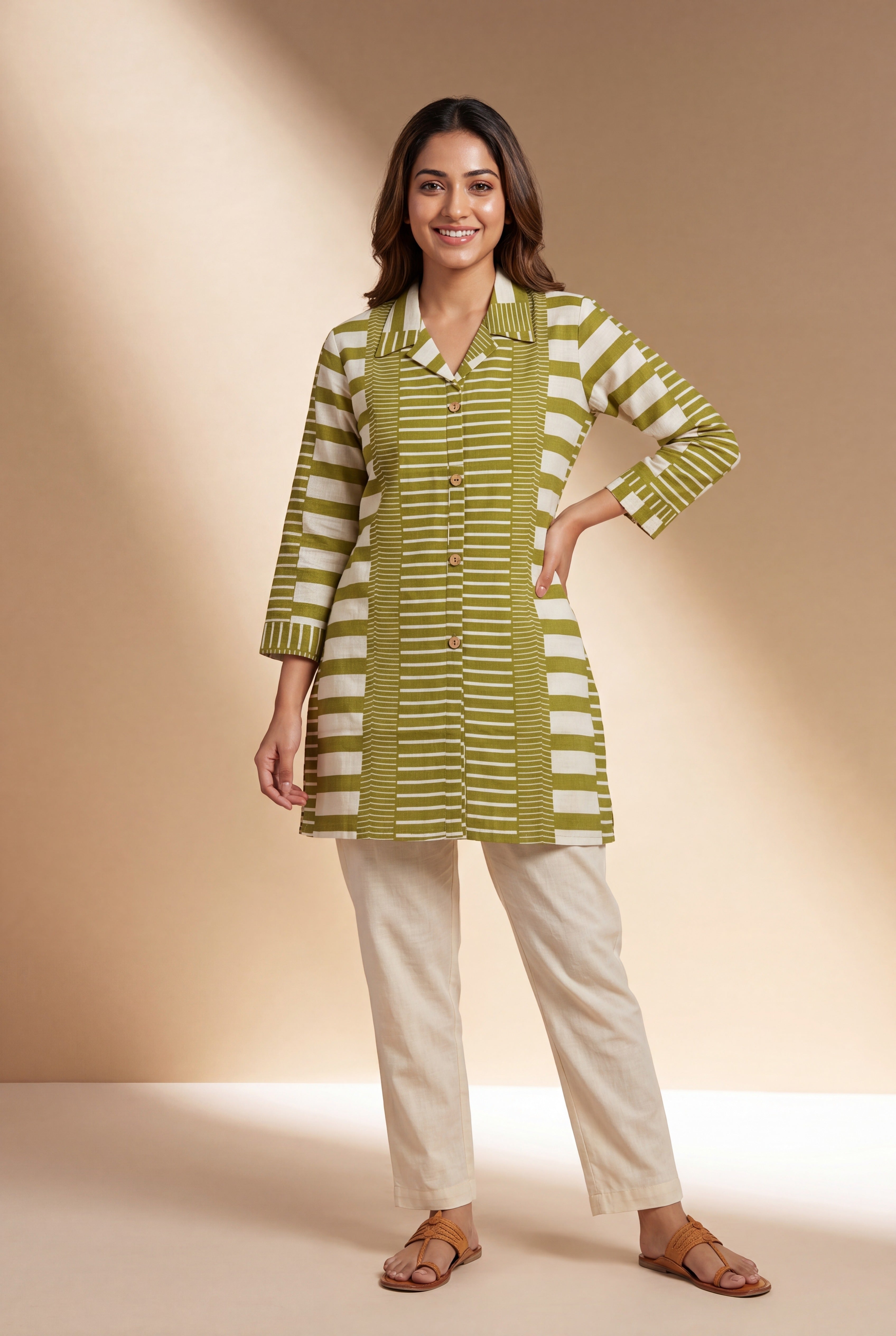 Green Cotton Kurti with Geometric Stripe Print