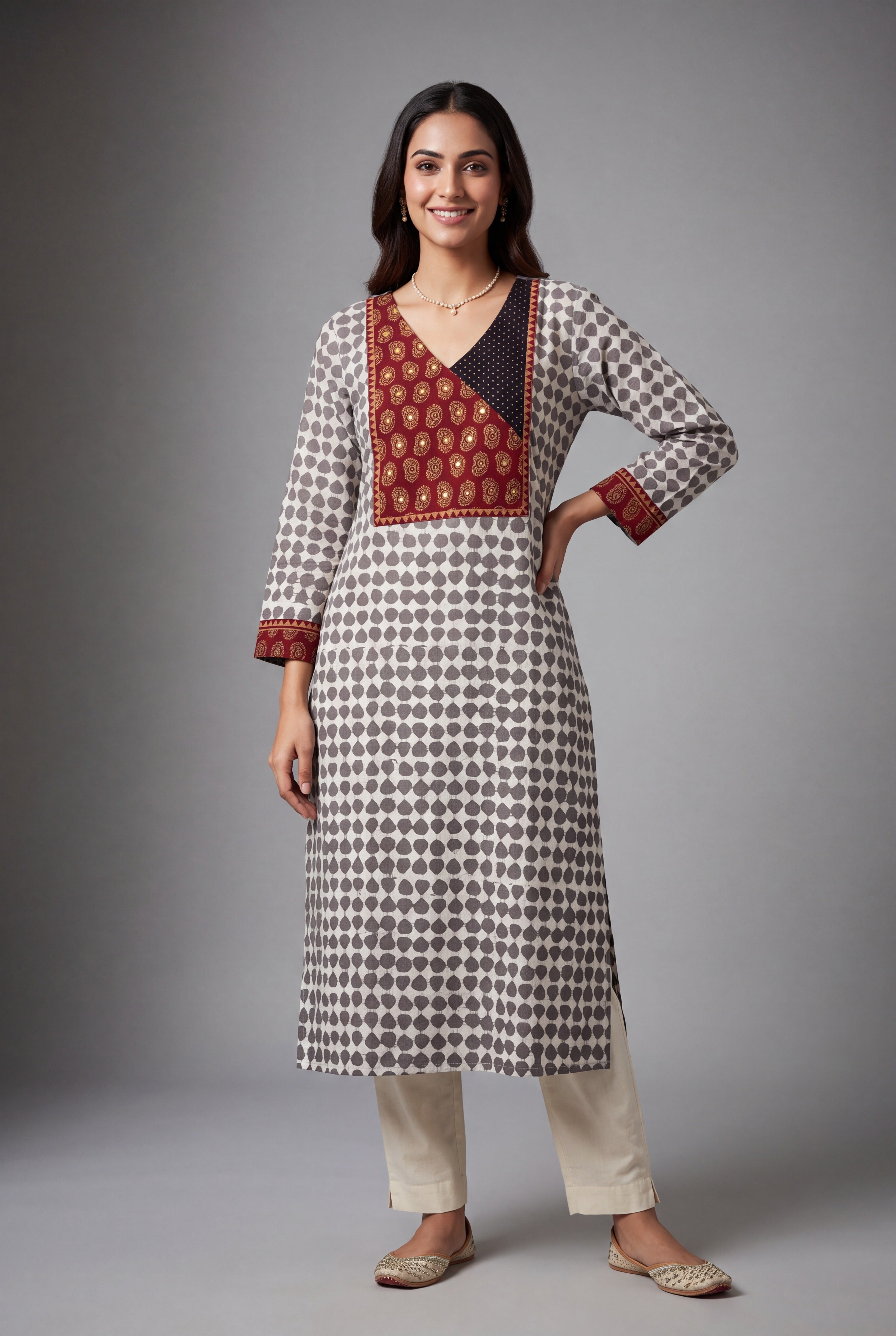 Grey Kairav Kurti with Ajrakh Print and Geometric body