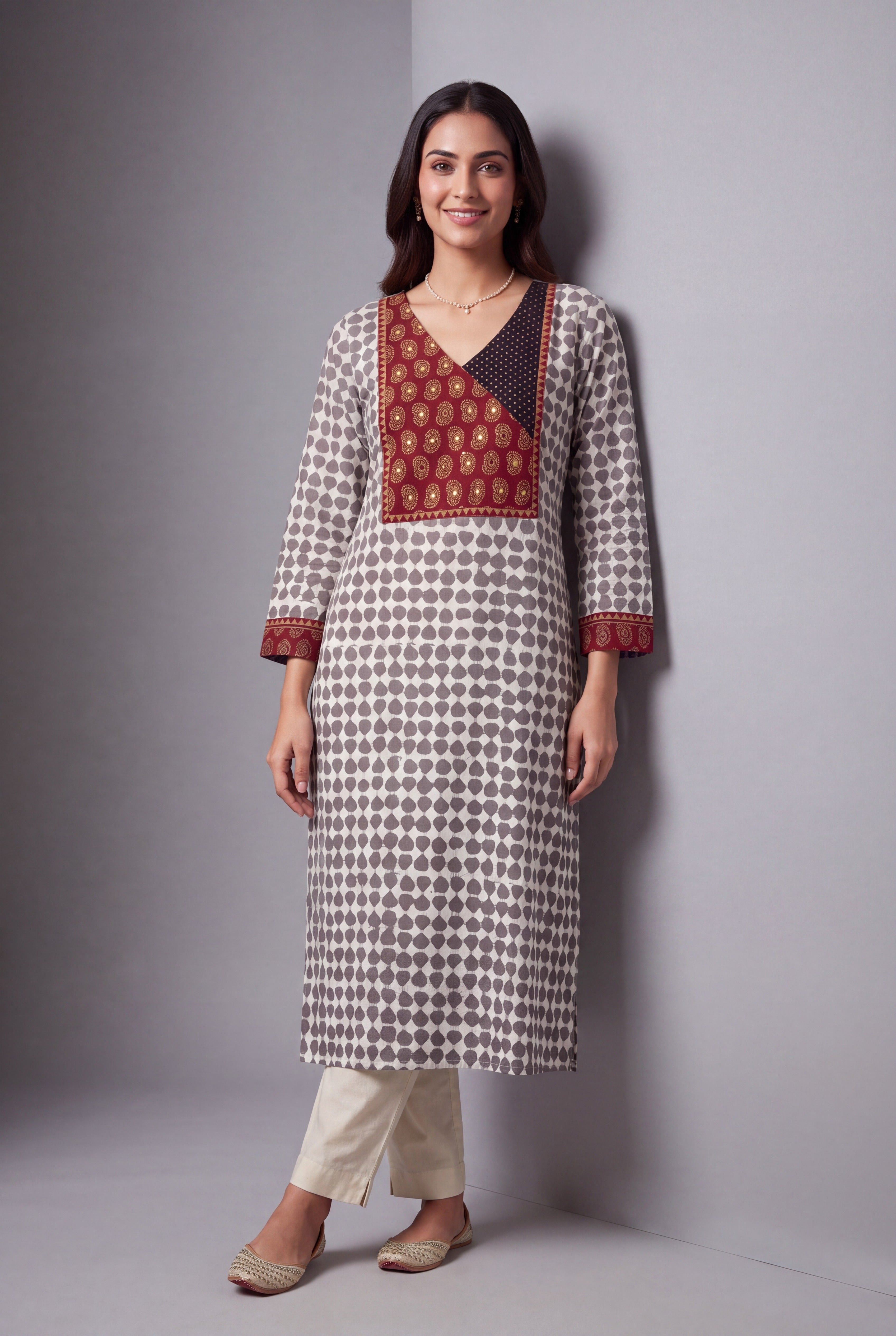 Grey Kairav Kurti with Ajrakh Print and Geometric body