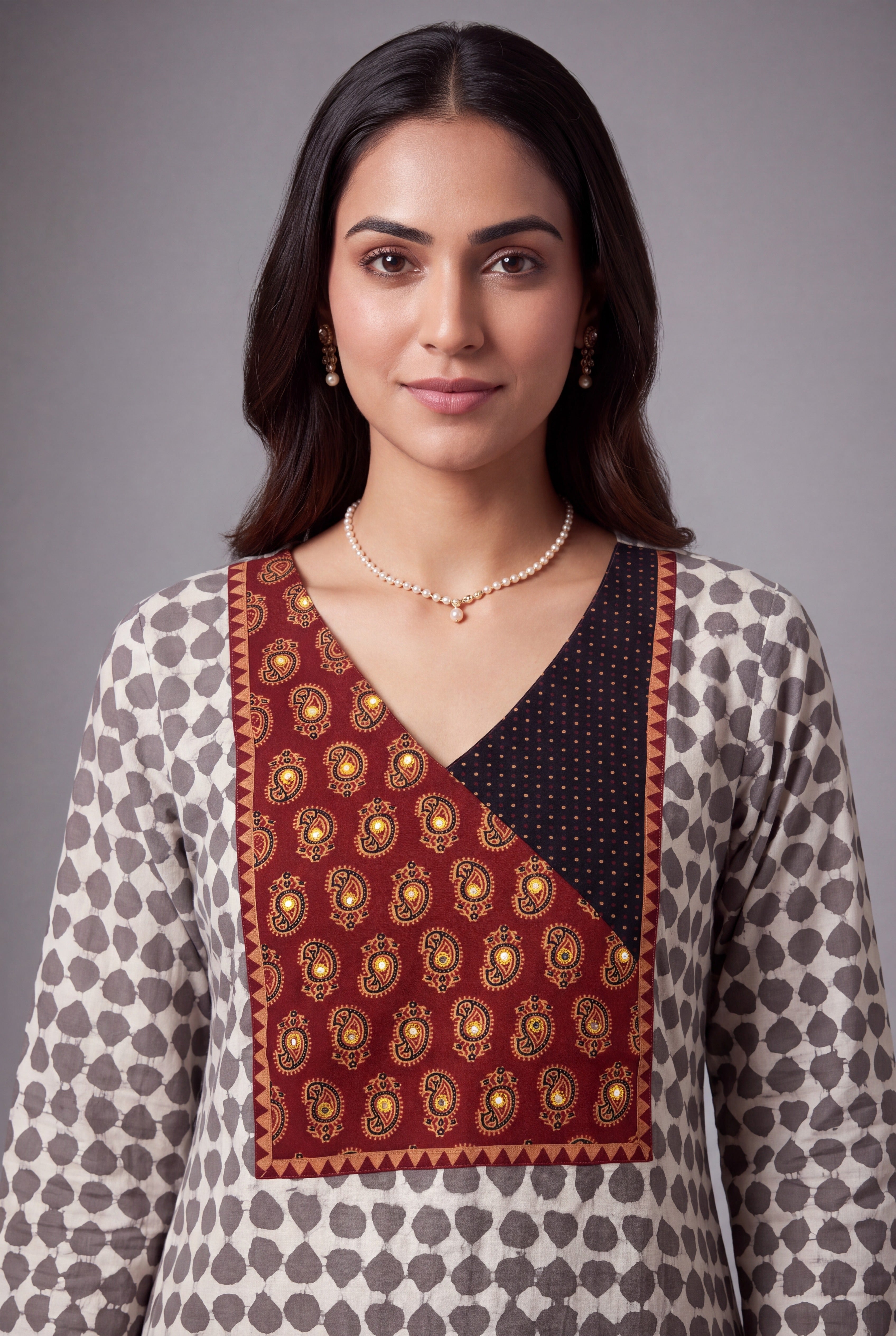 Grey Kairav Kurti with Ajrakh Print and Geometric body
