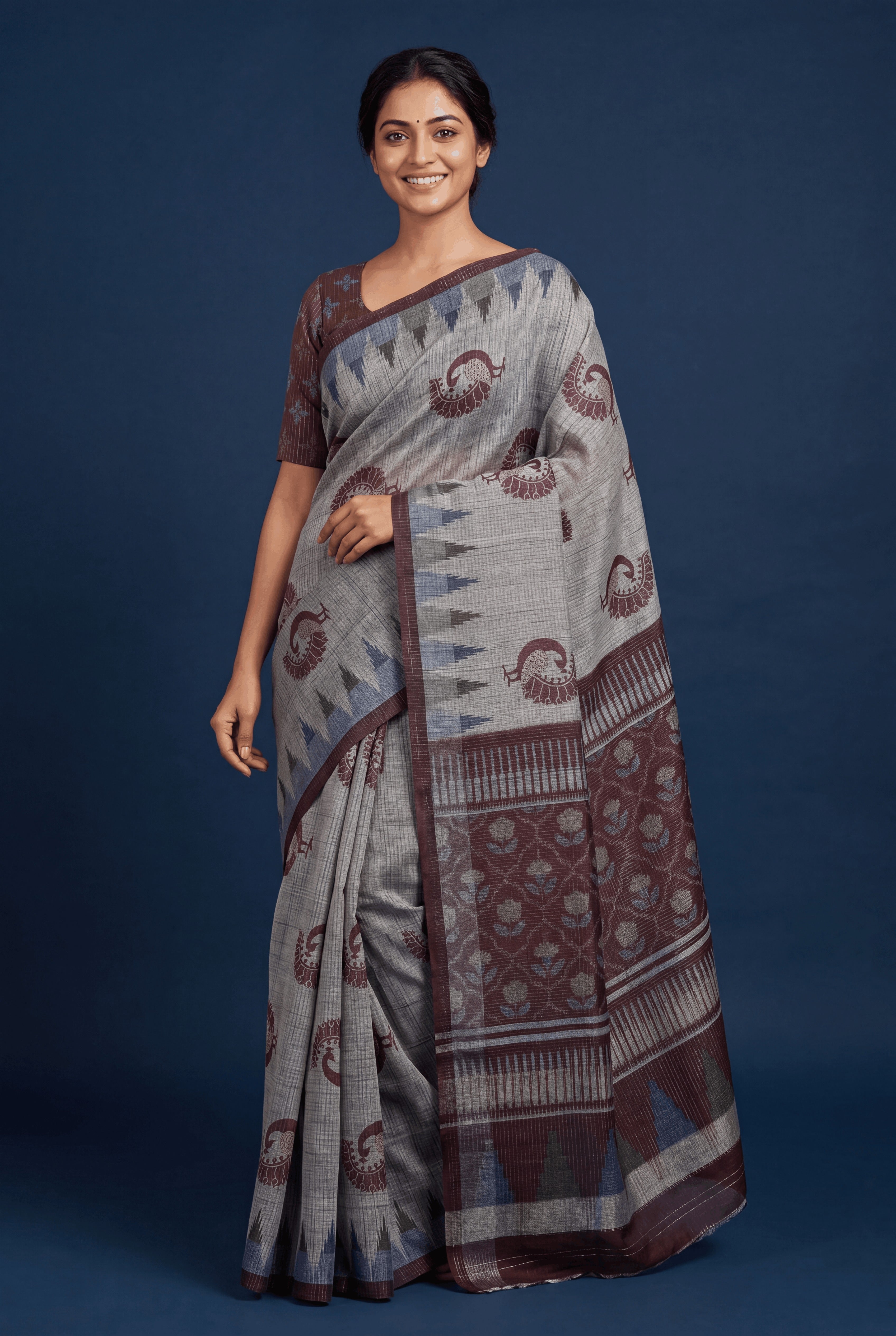 Grey and Maroon Tussar Silk Saree with Gold Zari checks, Patola pallu and Temple border