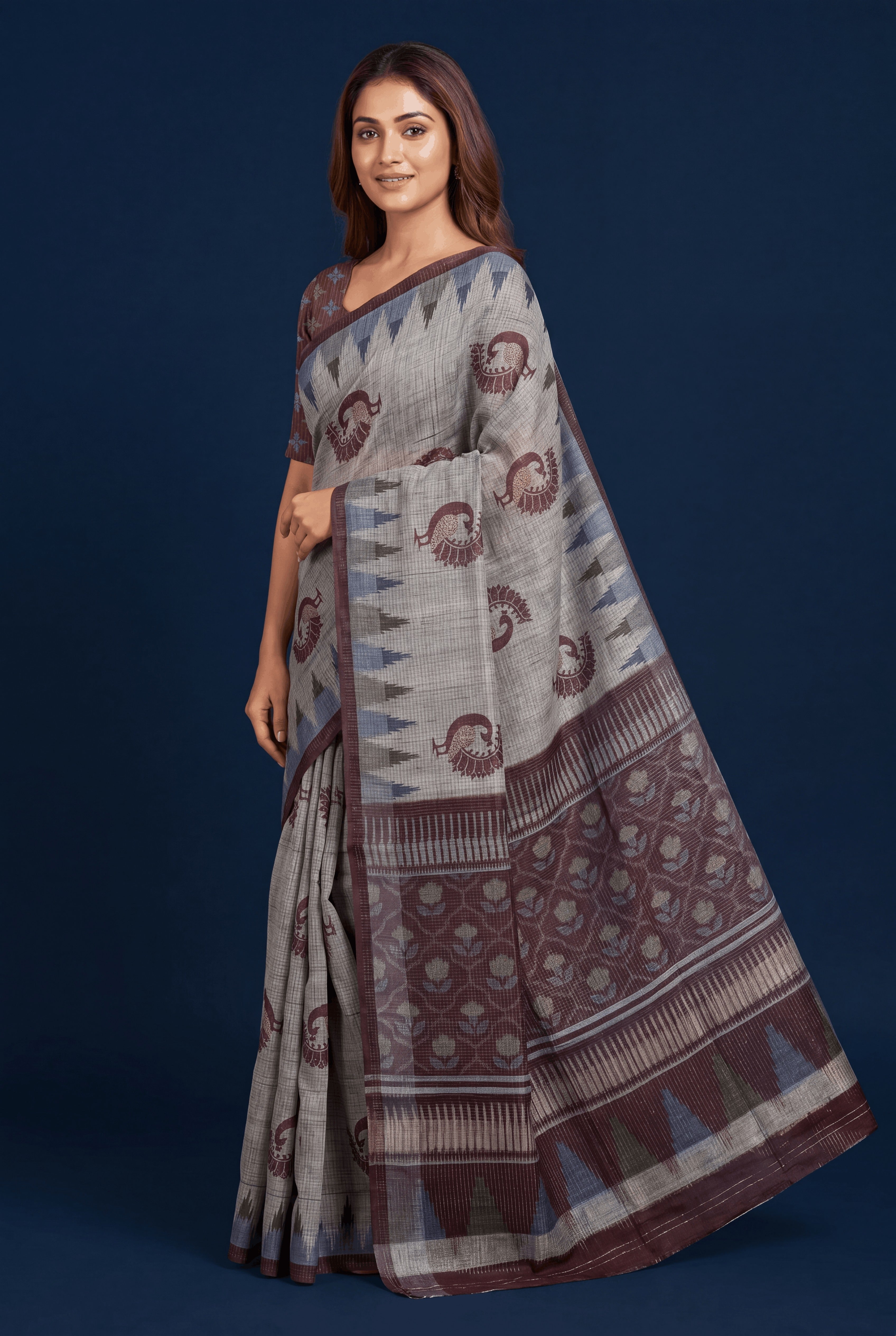 Grey and Maroon Tussar Silk Saree with Gold Zari checks, Patola pallu and Temple border