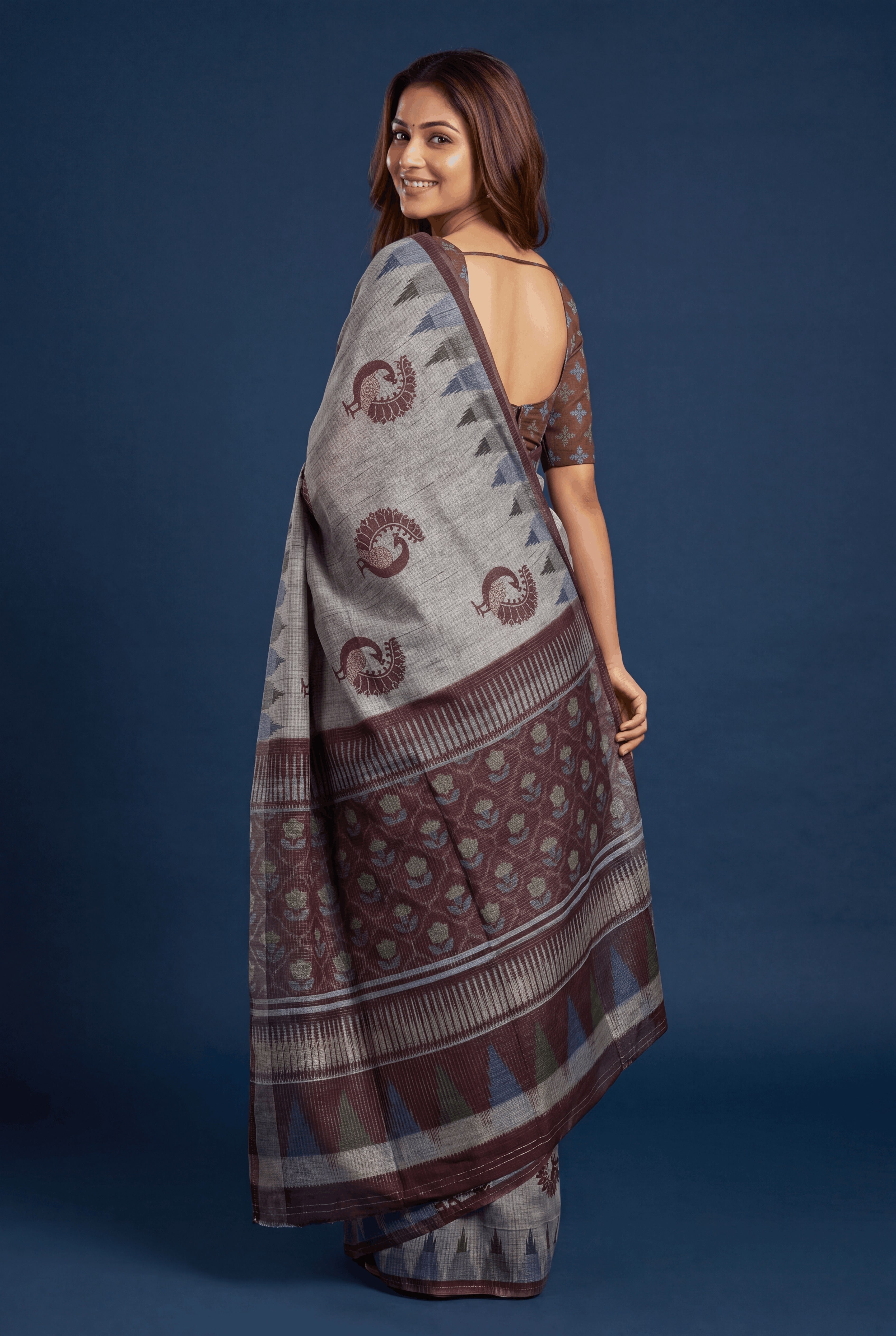 Grey and Maroon Tussar Silk Saree with Gold Zari checks, Patola pallu and Temple border