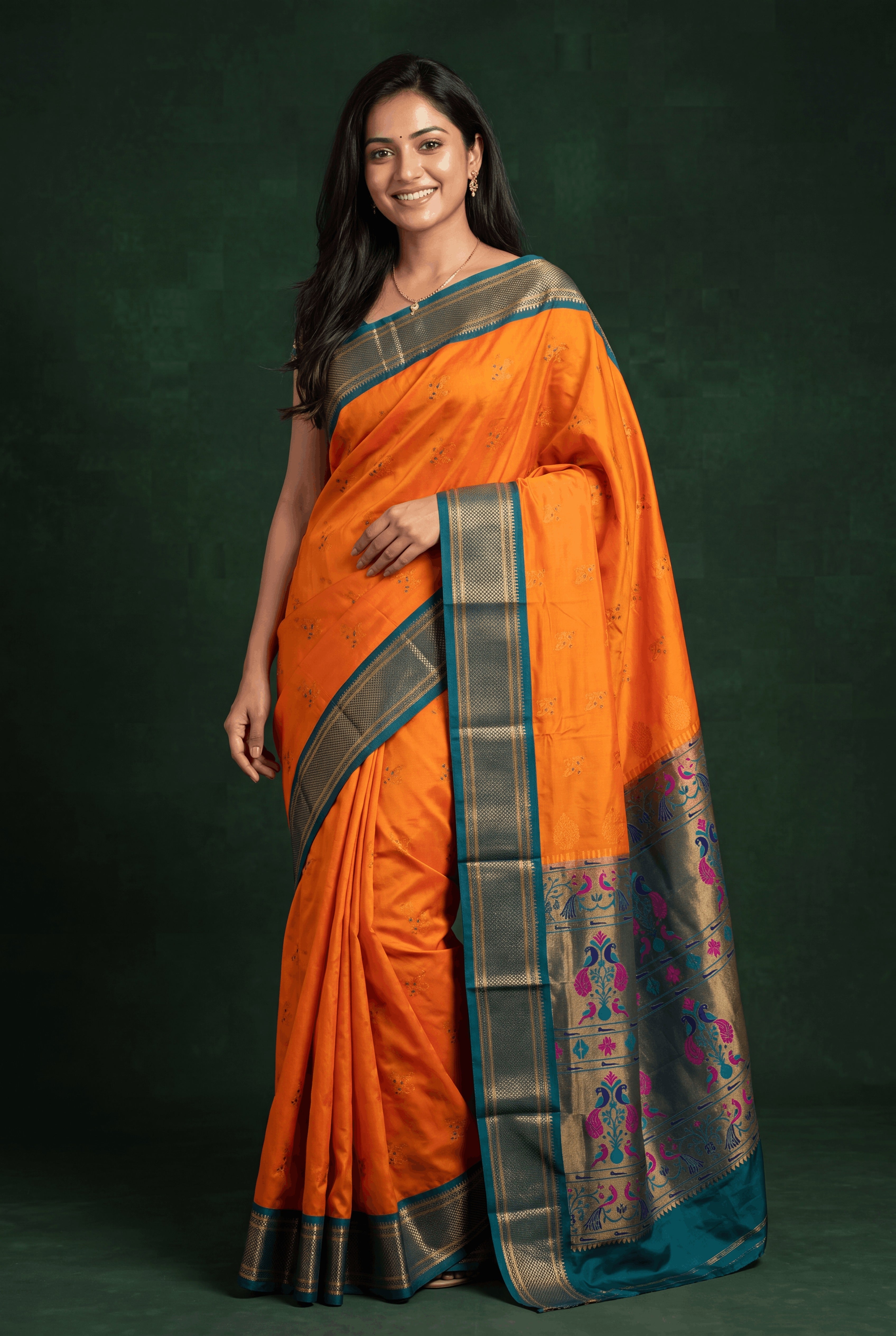 Haldi Yellow Apurva Silk Paithani Saree with contrast Rama border and Meenakari pallu and butti